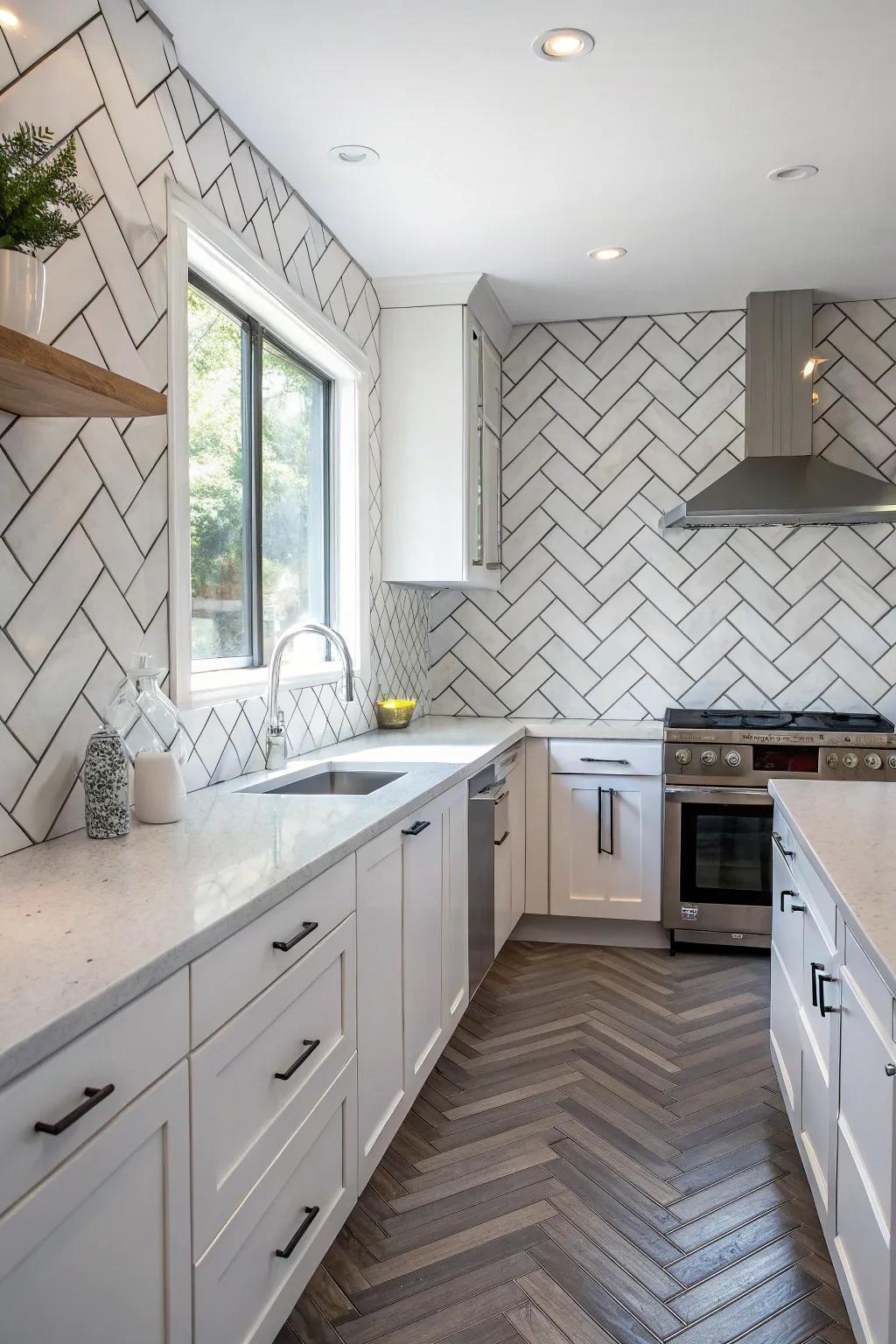 Subway tiles in a unique herringbone pattern elevate this kitchen's look.
