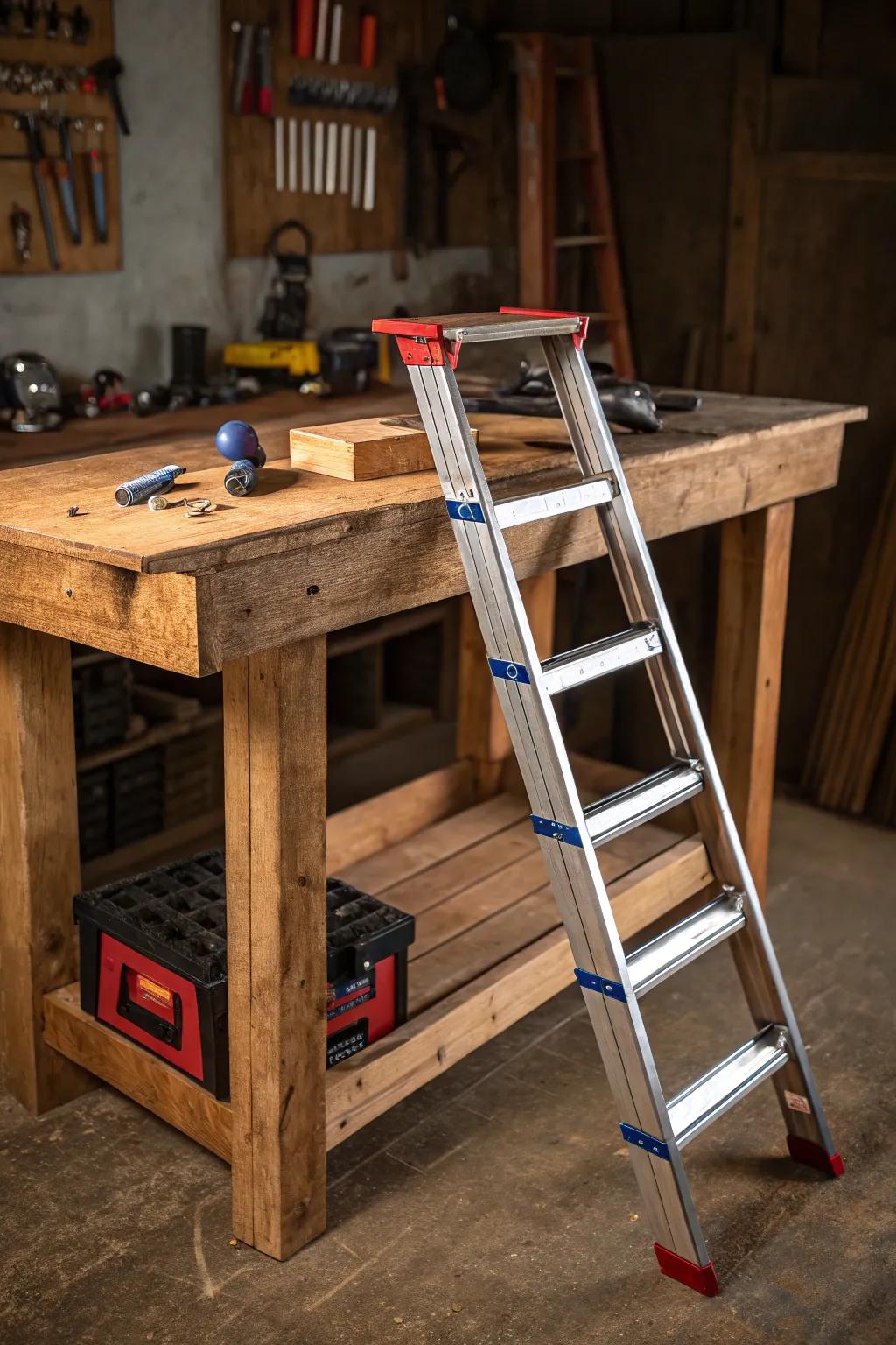 Effortless organization: Slide your ladder under the workbench for a stylish, space-saving solution.