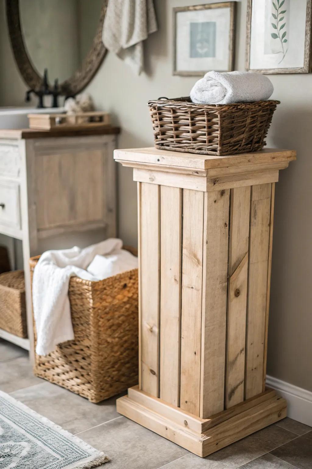 Elevate your space with the rustic elegance of a repurposed pallet pedestal.