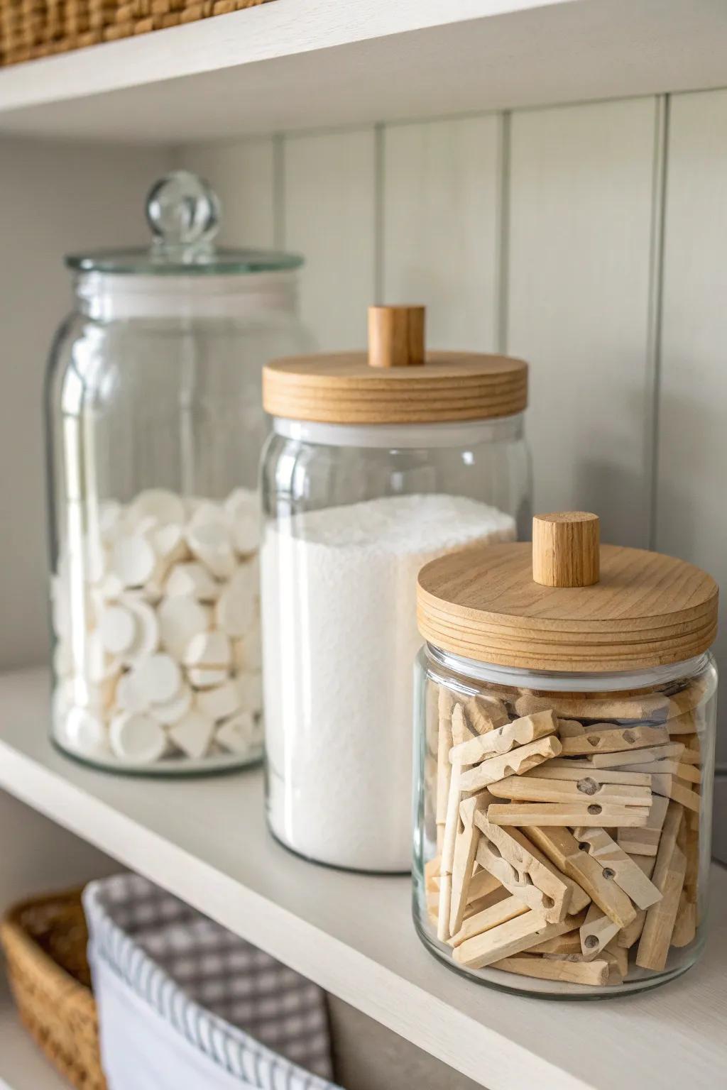 Elevate your laundry room with charming decorative jars that combine functionality and style.