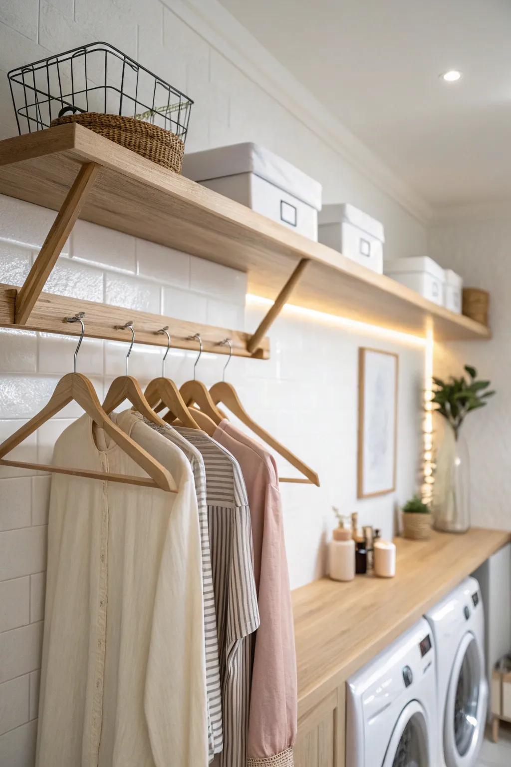 Transform your laundry space with a stylish under-shelf hanging solution that blends minimalism and natural beauty.