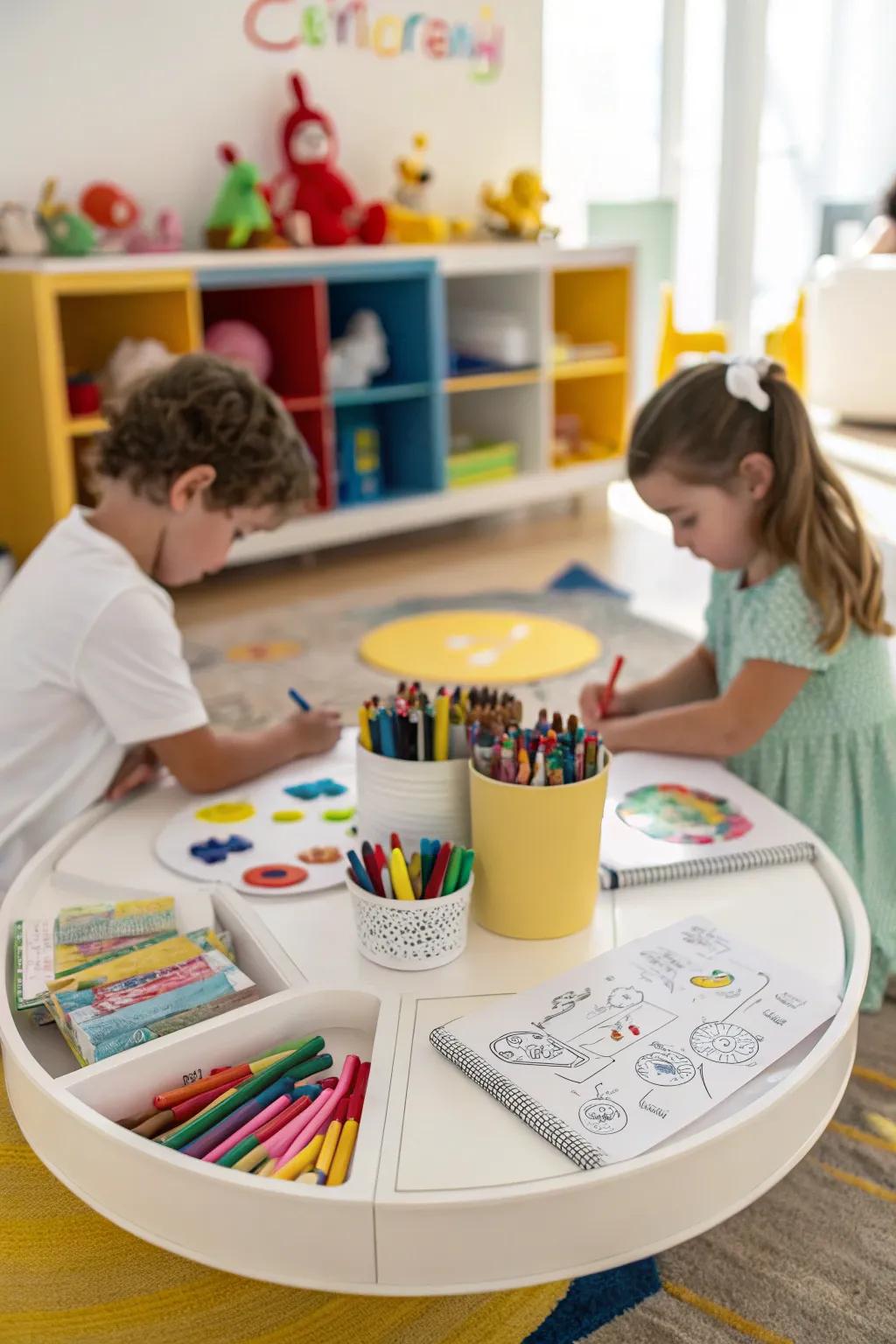 A colorful kids' art corner with a lazy susan for art supplies.