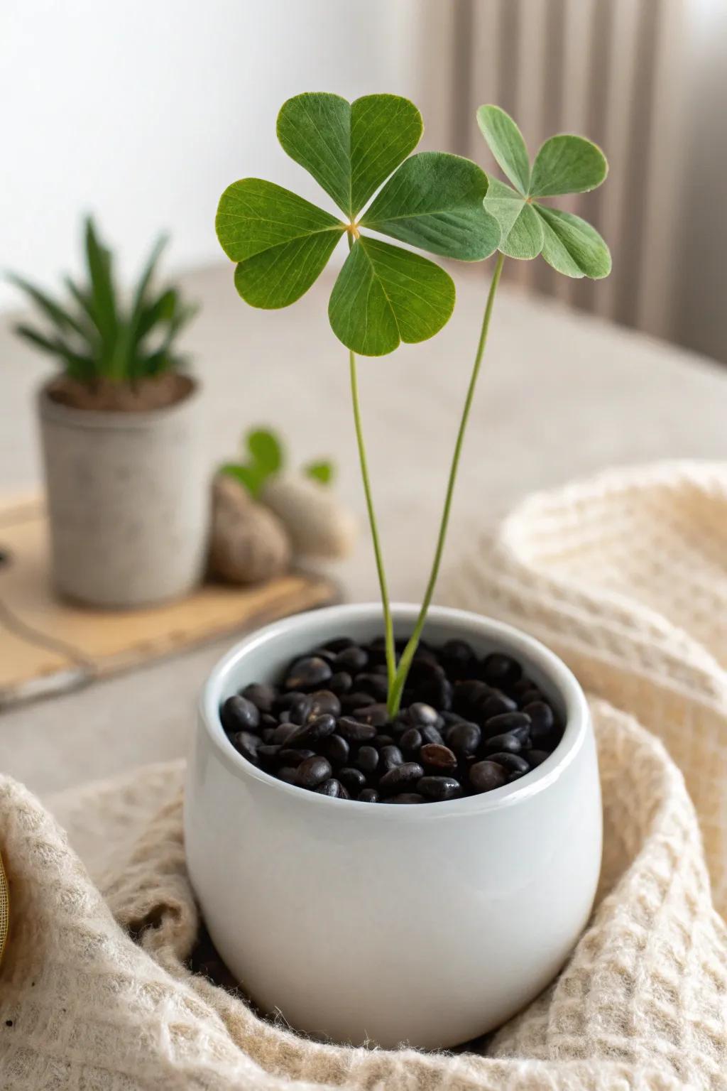 Embrace the charm of simplicity with this enchanting four-leaf clover pot display.