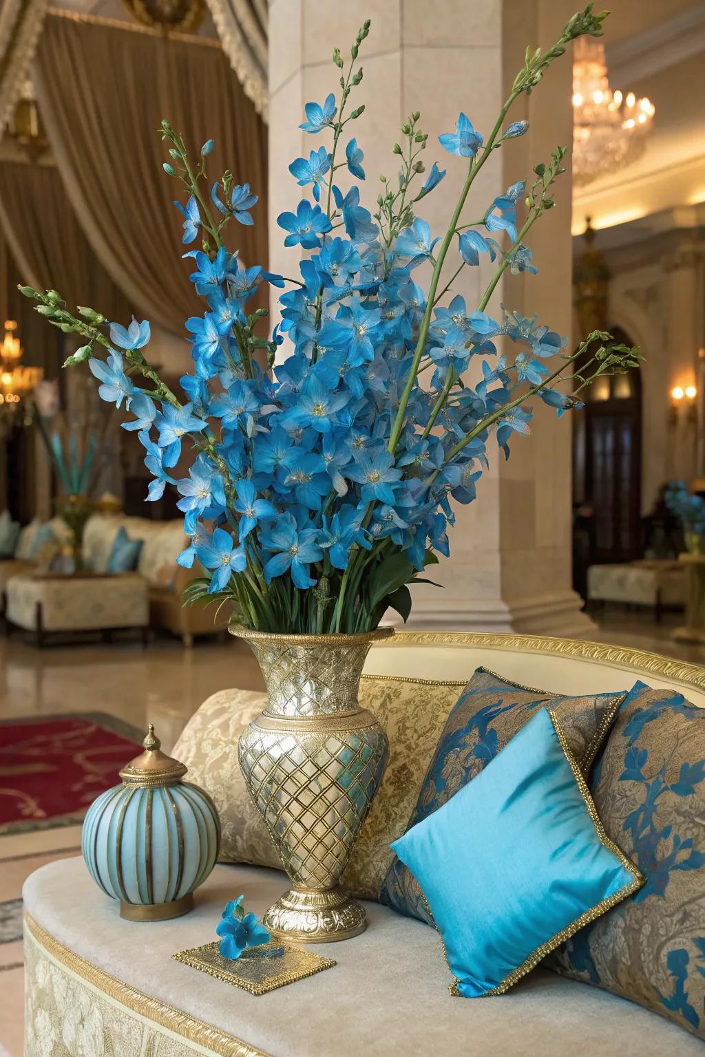 Whimsical touch with blue dendrobium orchids.