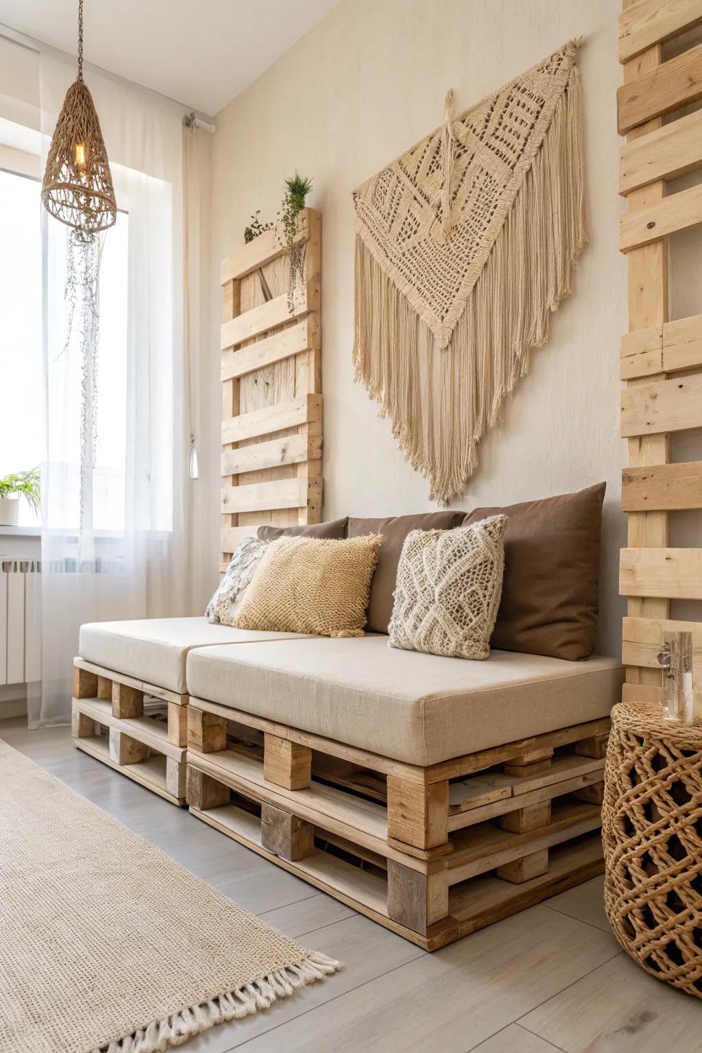 Add a touch of texture and warmth to your living space with a burlap-accented pallet wall. Embrace the beauty of simplicity and craftsmanship.