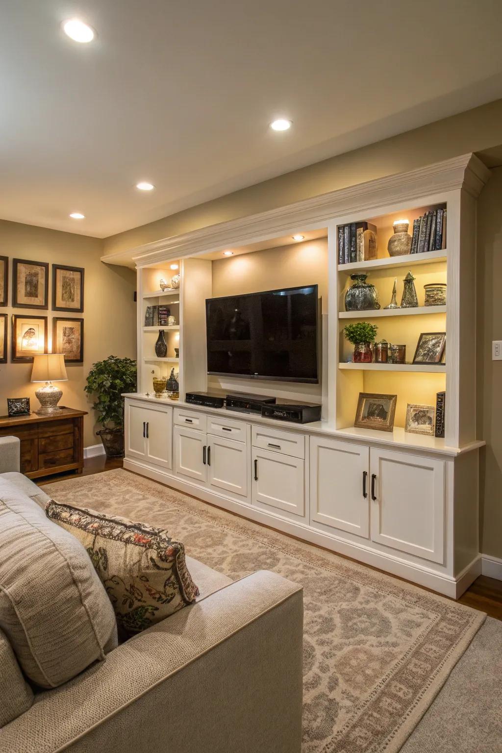 A built-in media wall offers sleek storage solutions.