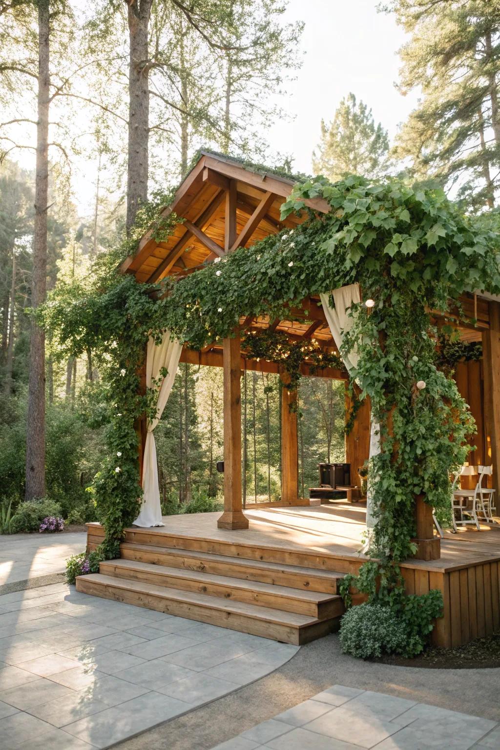 Lush greenery and wooden elements create a nature-inspired mandap.