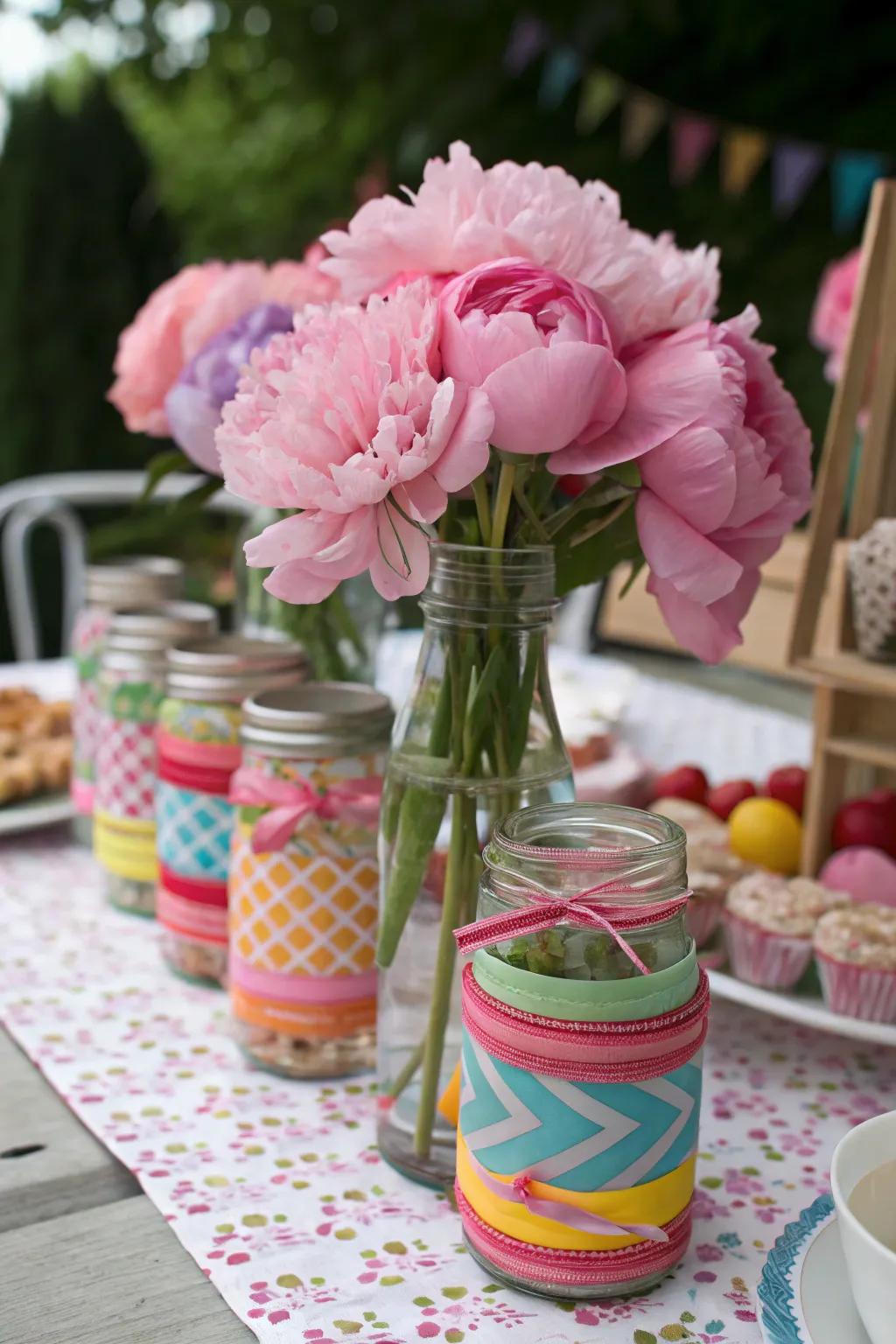Playful and inviting with ribbon-wrapped mason jars.