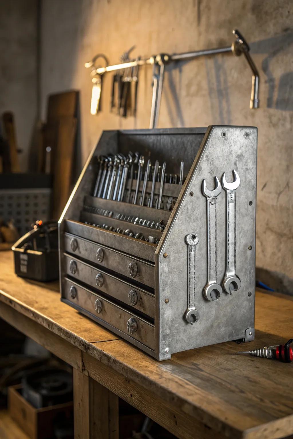 Elevate your workshop with a striking metallic tool organizer, where craftsmanship meets functionality.