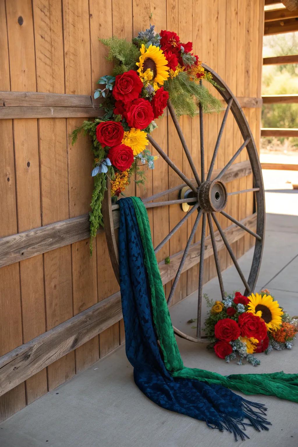 Transform your event with a stunning metal wagon wheel backdrop, where craftsmanship meets vibrant elegance.