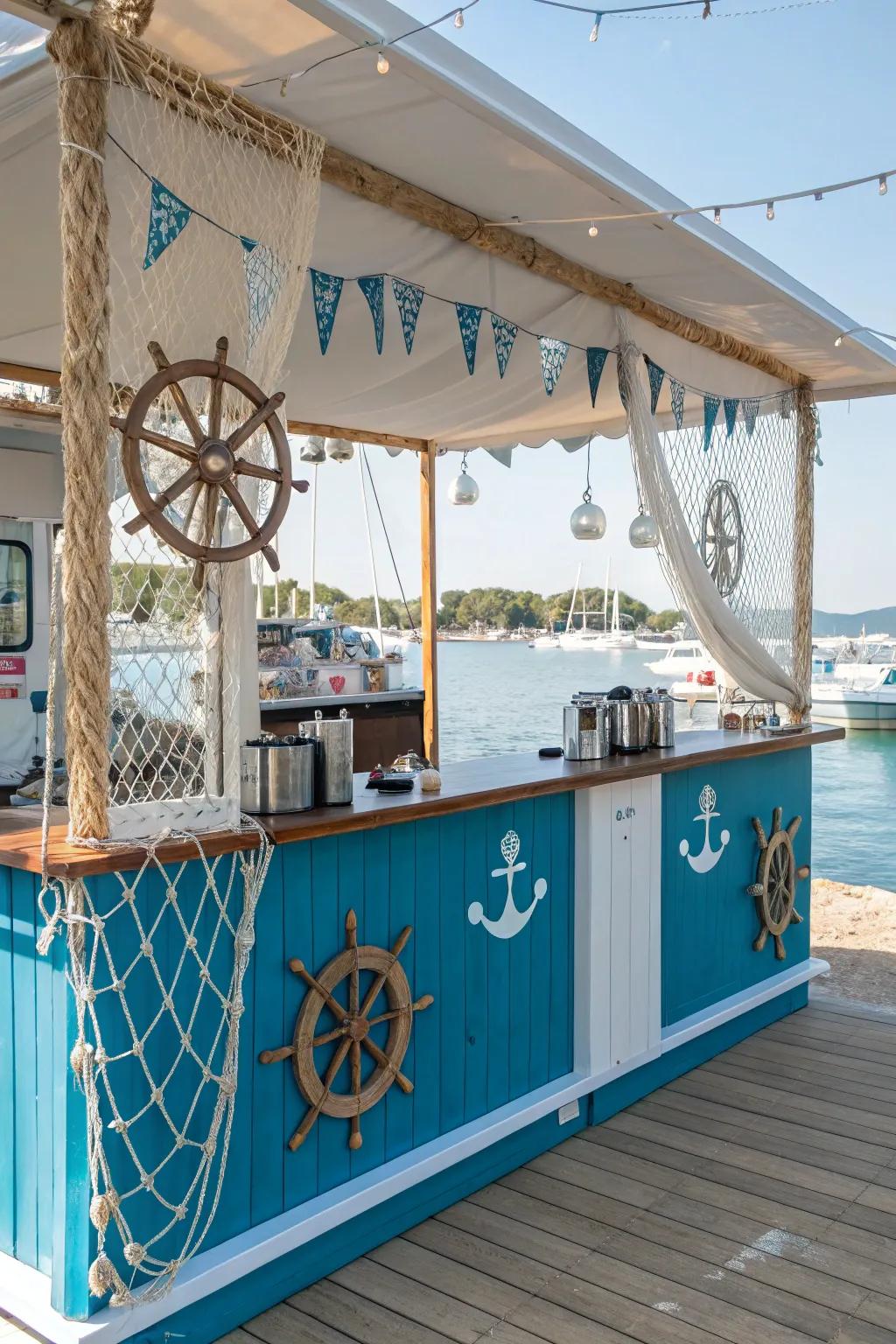 A nautical theme adds cohesive charm to this mobile bar.