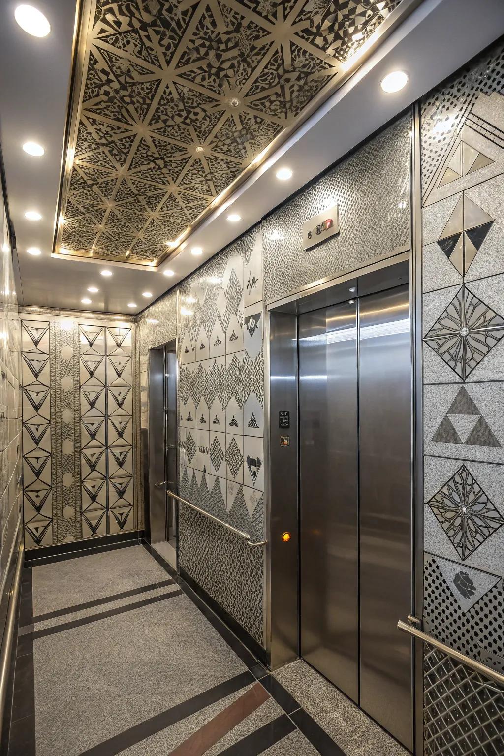 An elevator interior featuring geometric patterns for a modern flair.