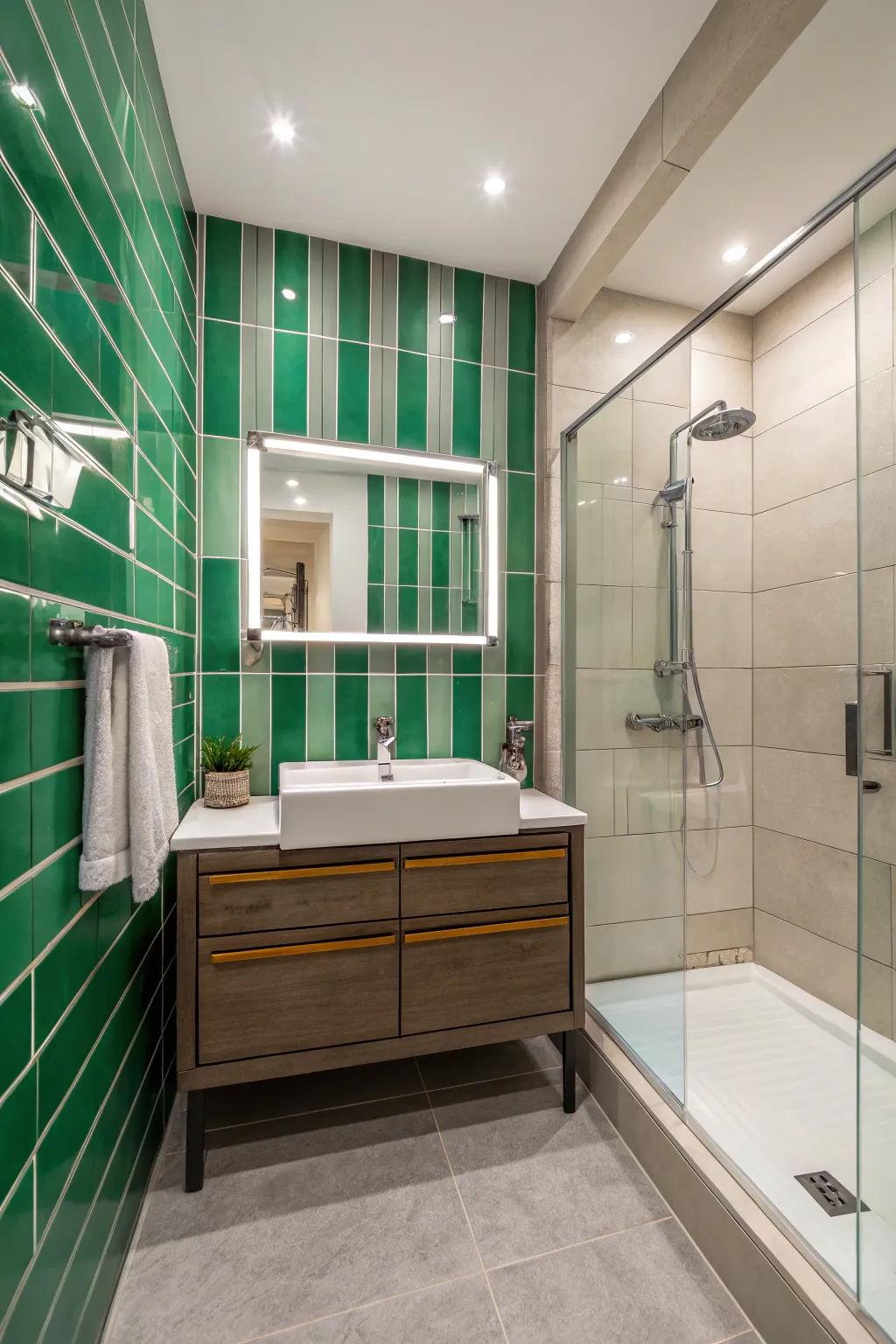 Striking flair with bold green stripe tiles.