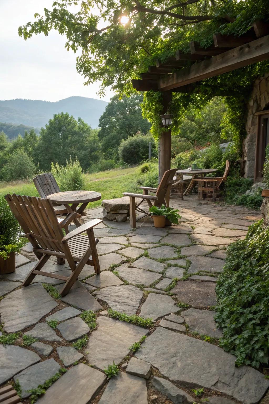 Flagstone offers rustic charm for garden patios.