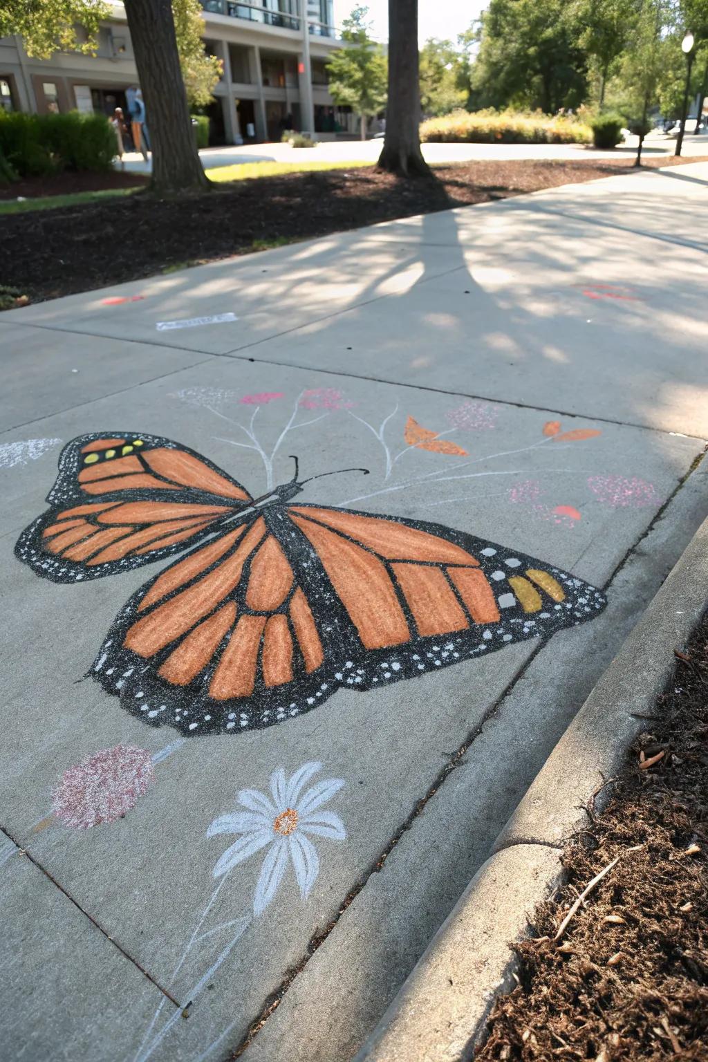 Transform your sidewalk into a canvas of beauty with stunning monarch butterfly chalk art. Embrace simplicity and creativity!