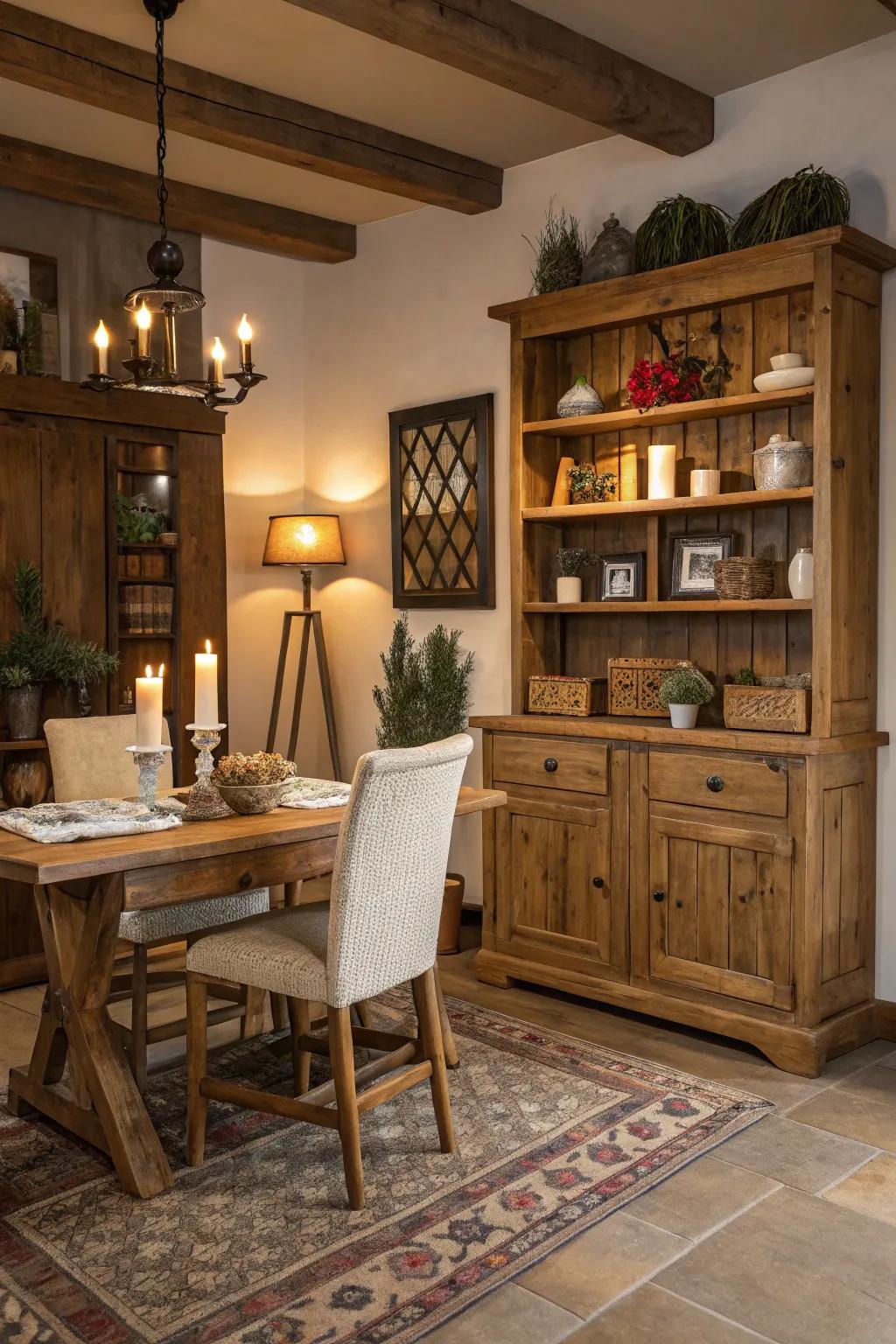 Wooden elements add warmth and rustic charm.