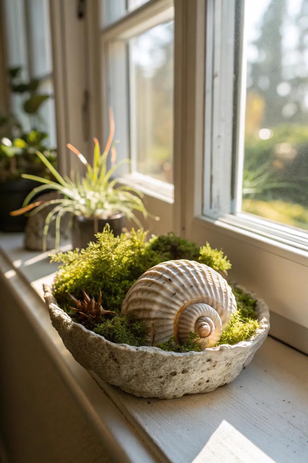 A coastal-inspired planter with moss and seashells.