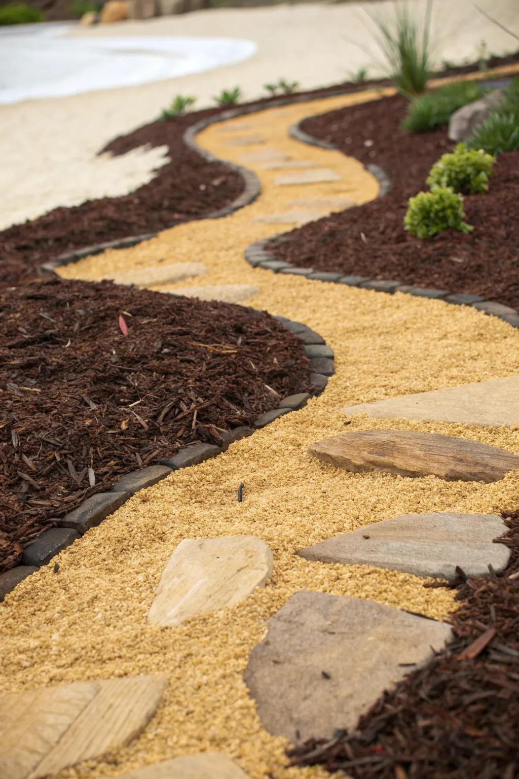 Craft a coastal oasis in your garden with a striking mulch and sand pathway.