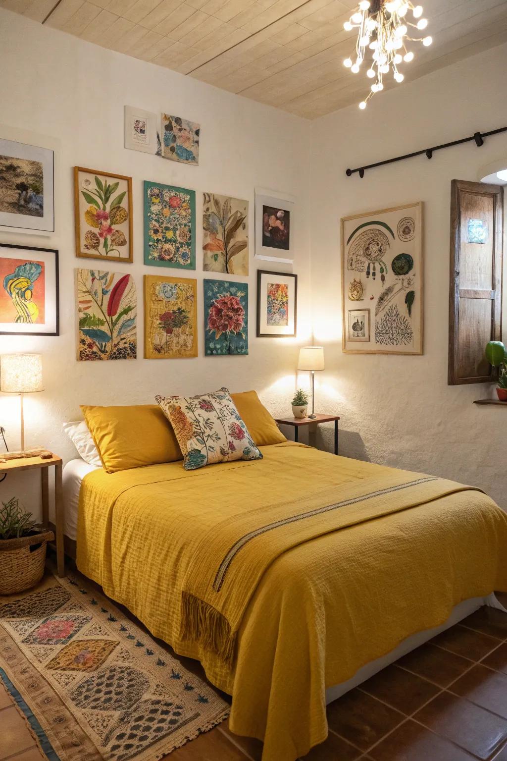 An artistic bedroom where creativity and mustard tones come alive.