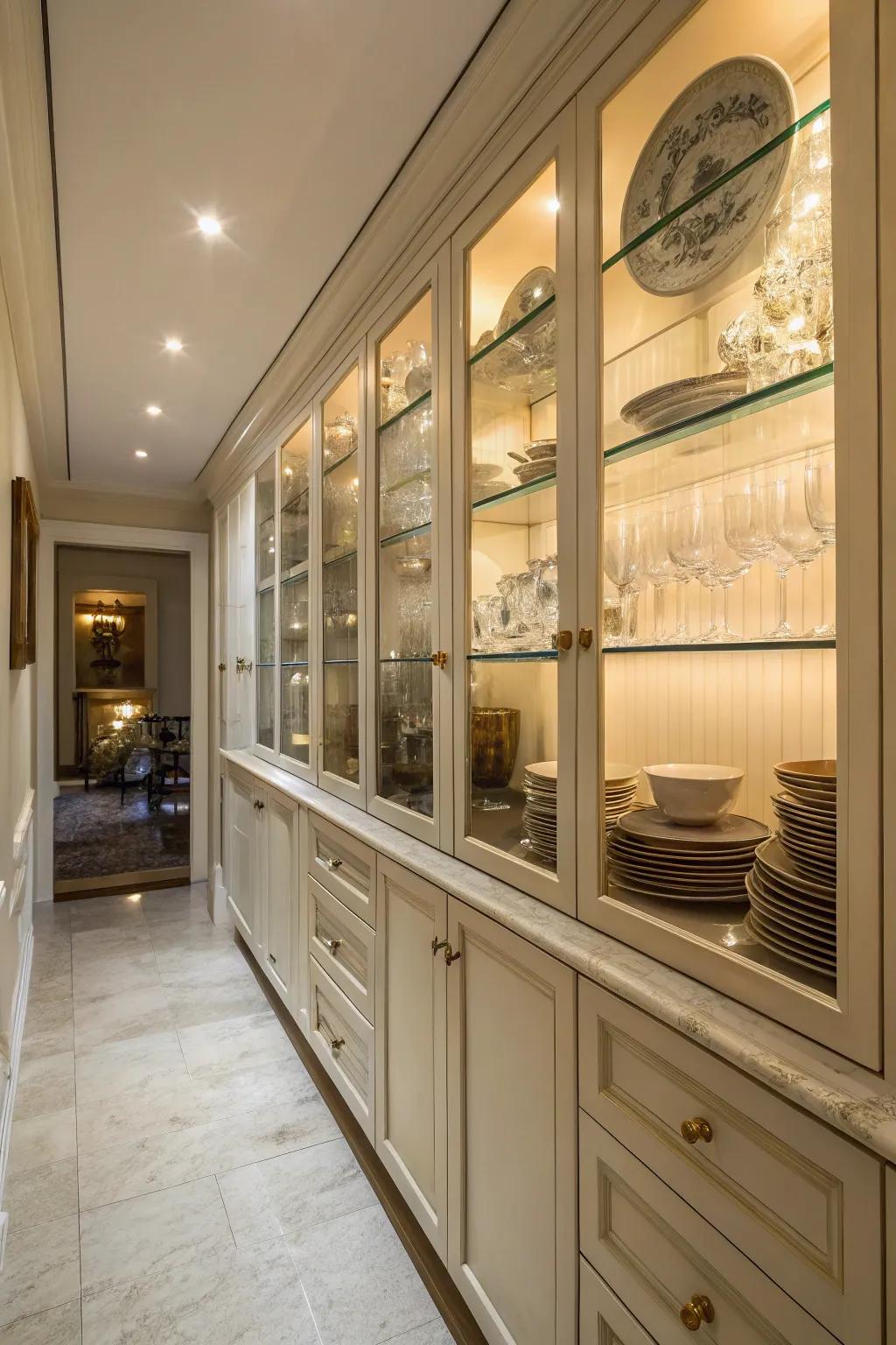 Elegant glass-front cabinets in a narrow kitchen displaying dishware.
