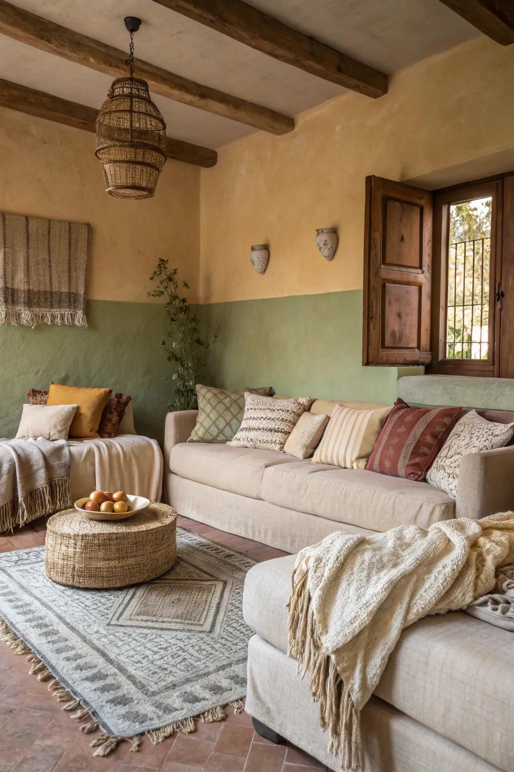 Layered textiles add warmth to natural paint settings.