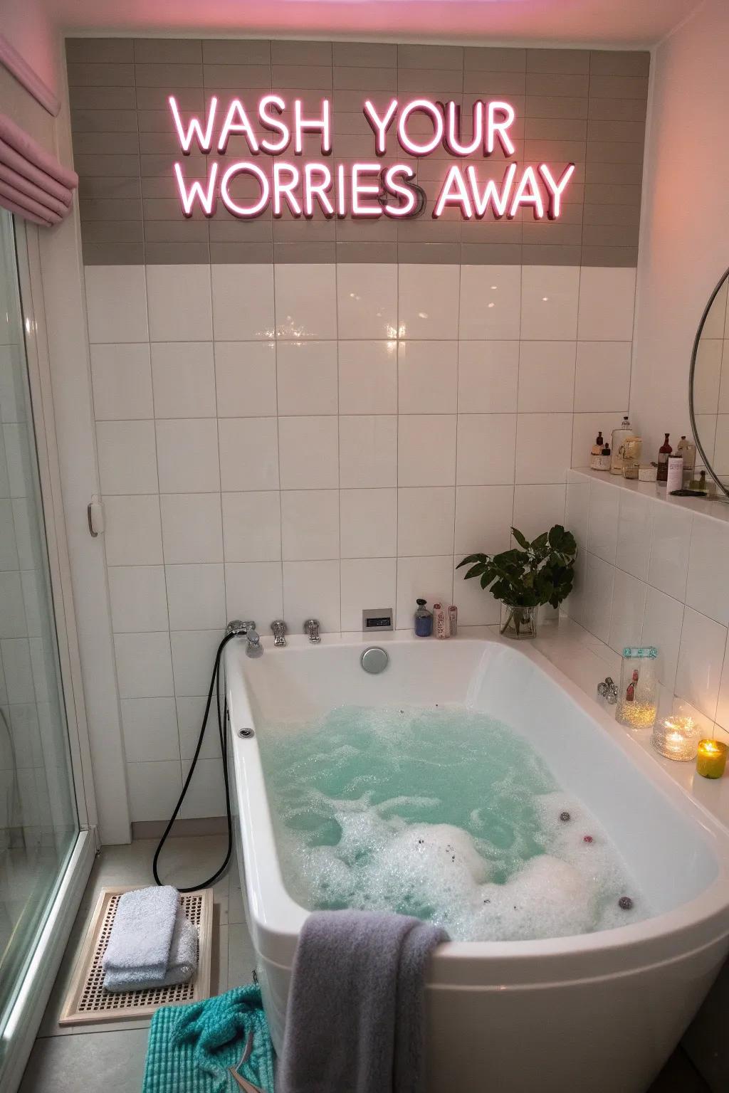A playful neon sign adds charm to a modern bathroom.