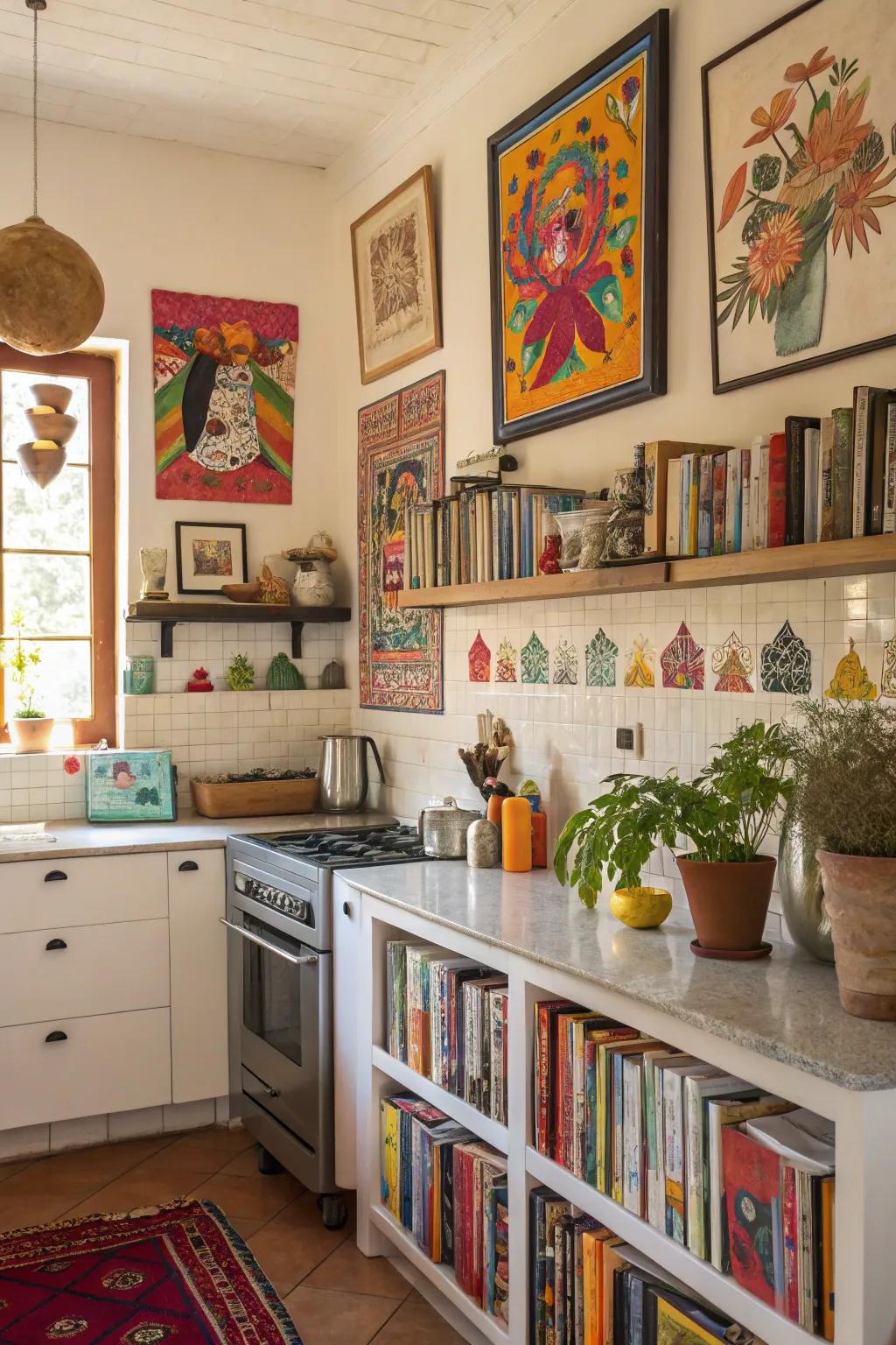 A kitchen enriched with character through art and personal decor.