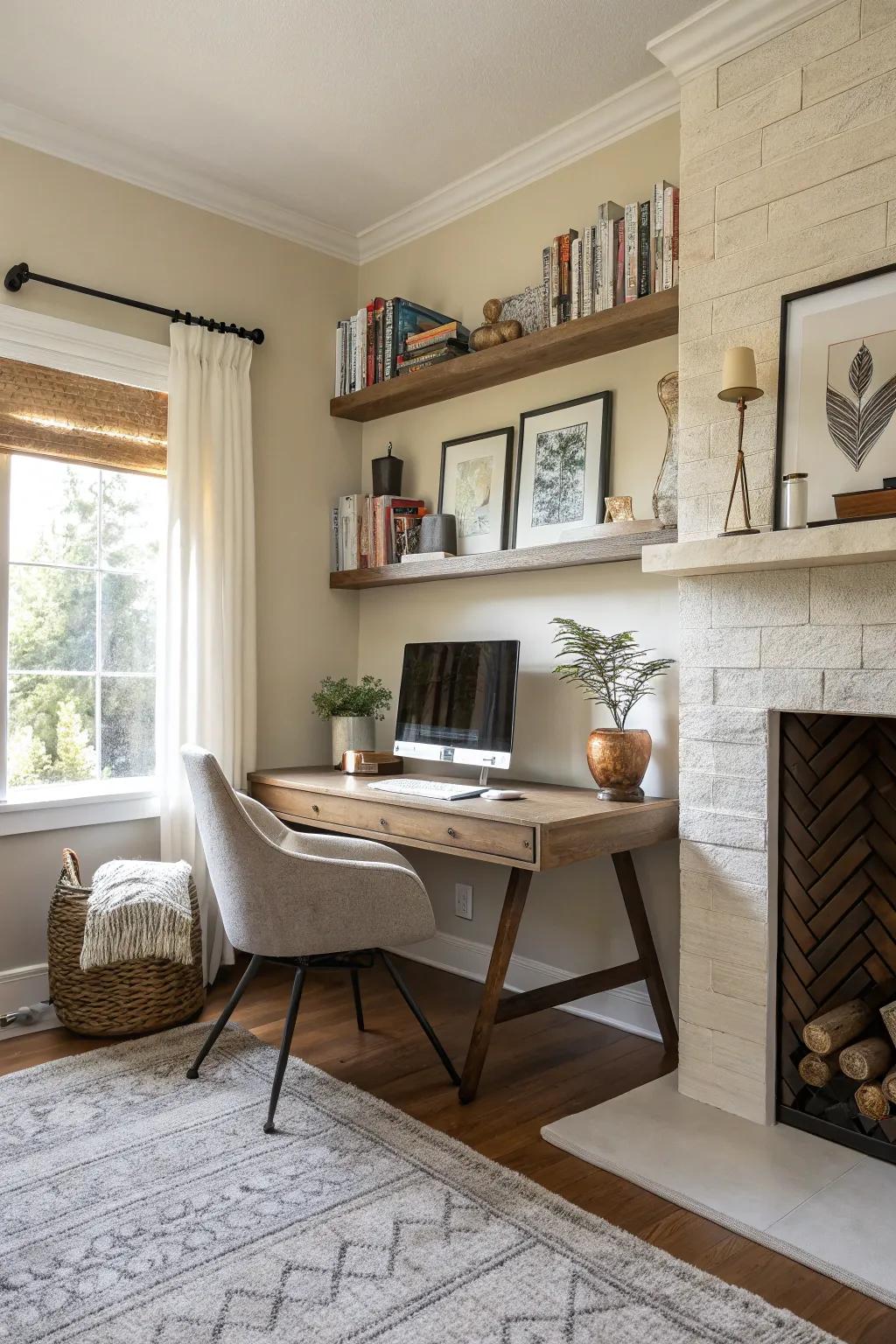 A faux fireplace adds style and warmth.