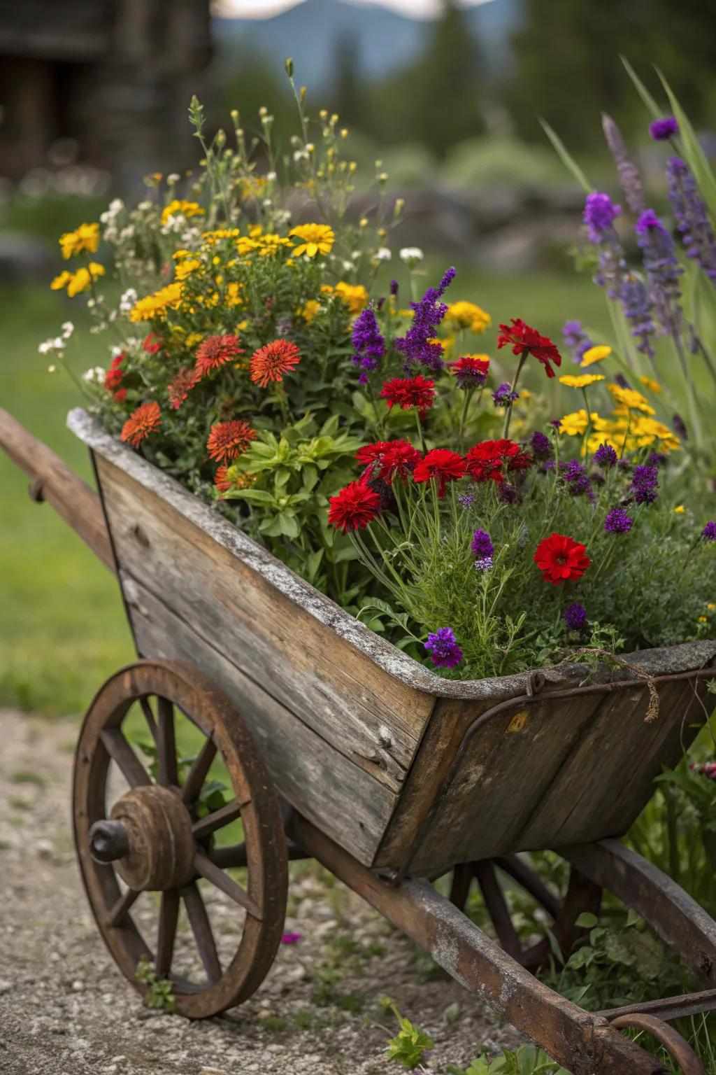 Unleash garden creativity with a wildflower wonder in a vintage wheelbarrow.