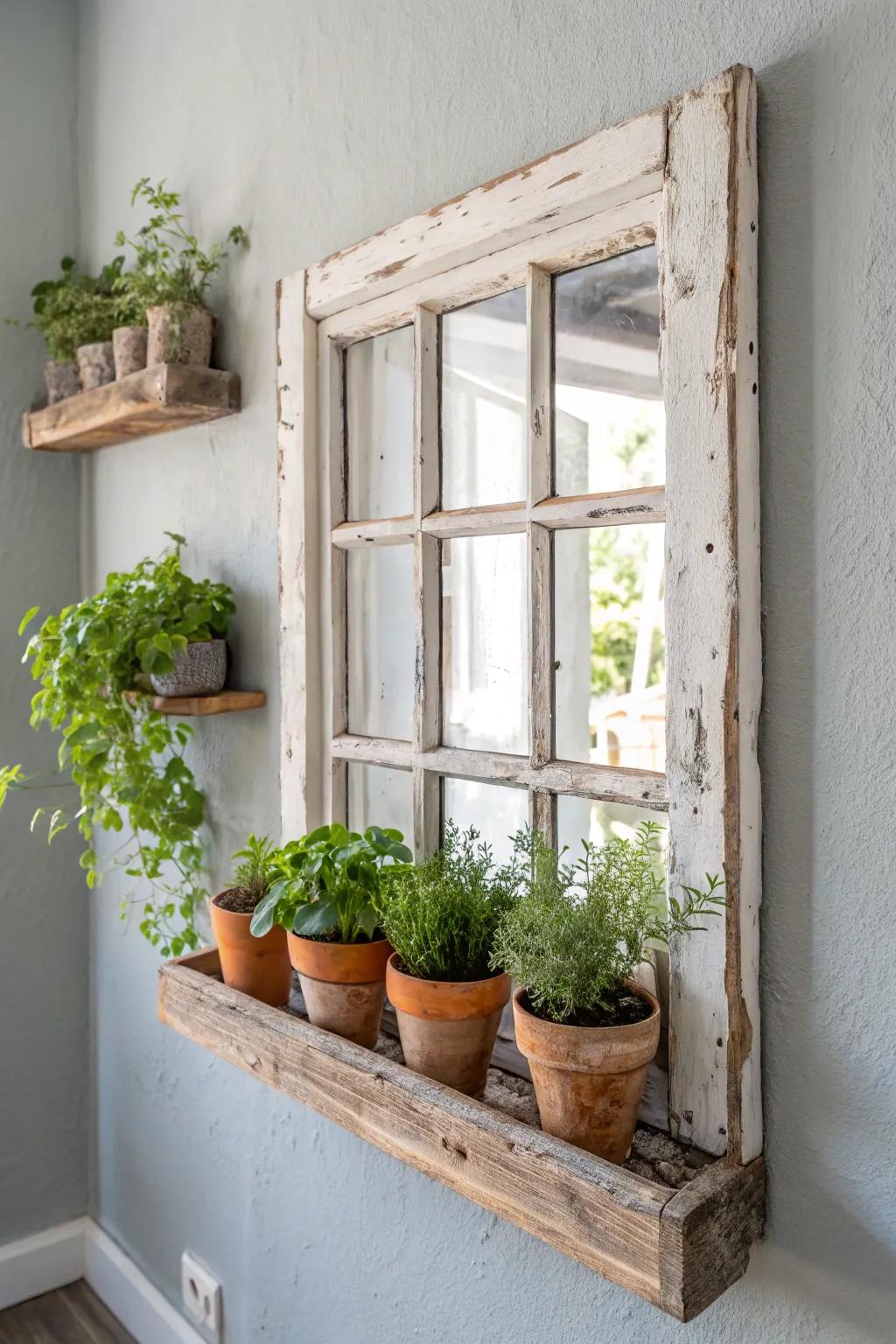Bring a touch of nature indoors with a charming potted plant shelf using a vintage window frame.