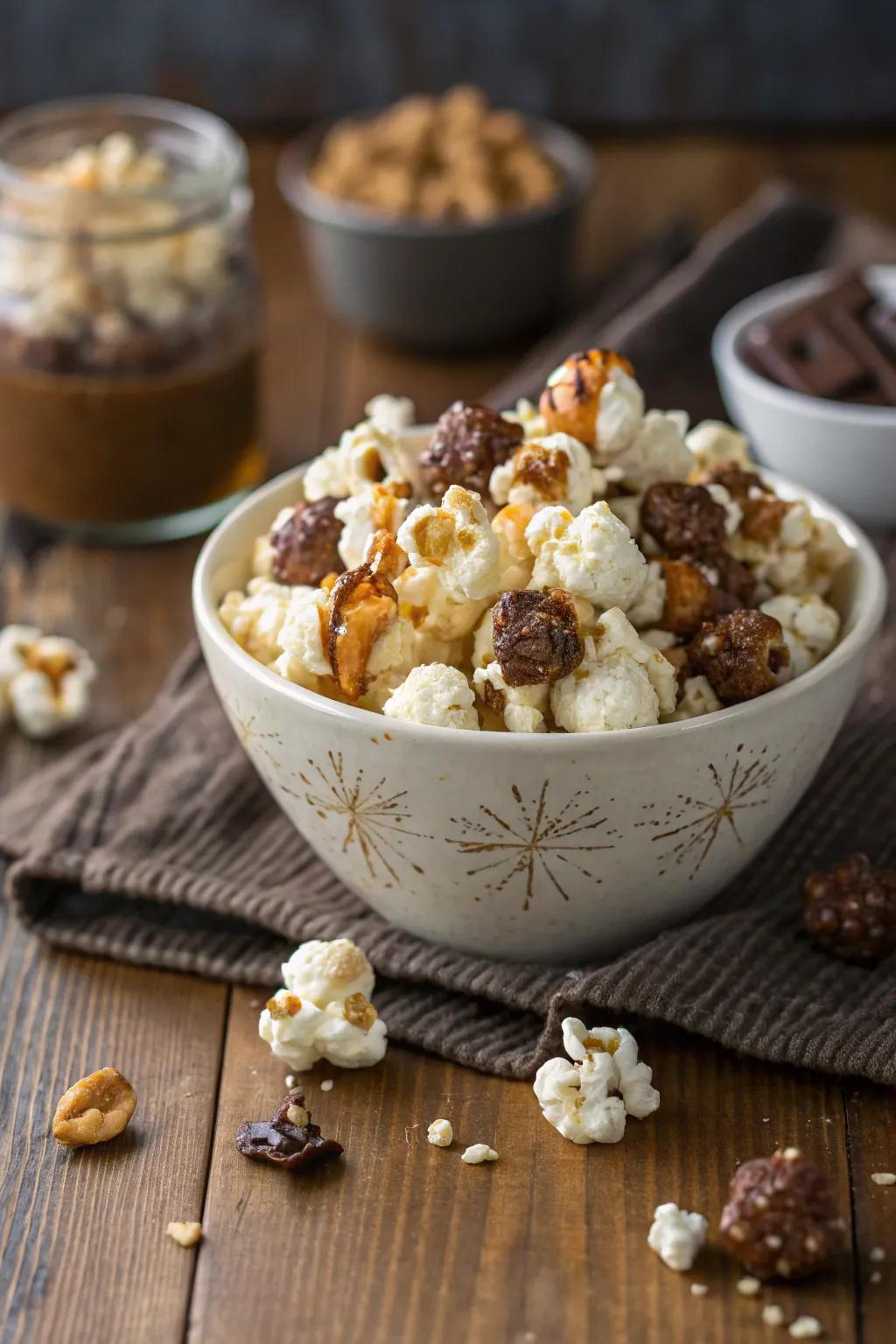 Gourmet popcorn mix adds a playful and flavorful touch.