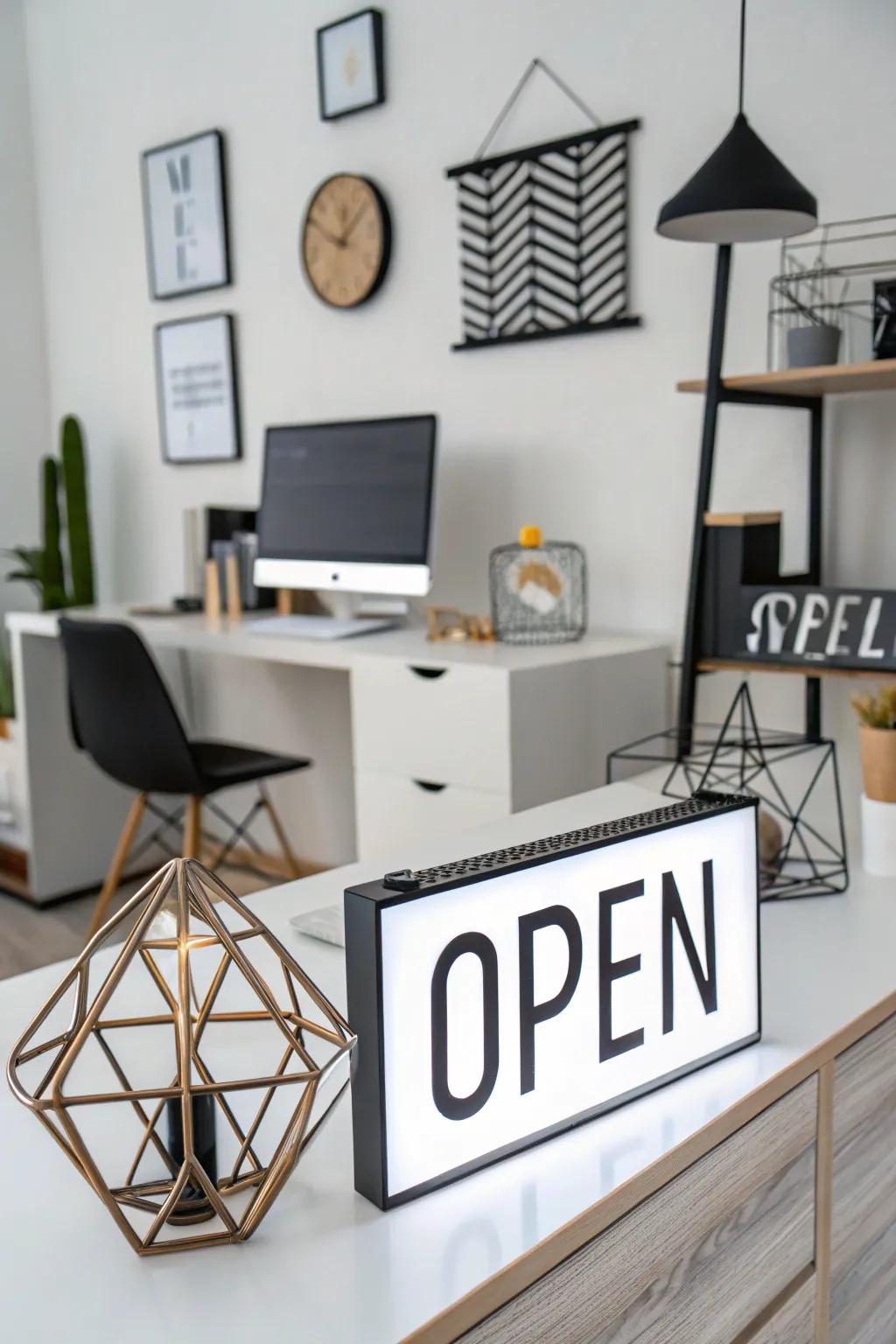 Introduce modern flair with a geometric open sign.