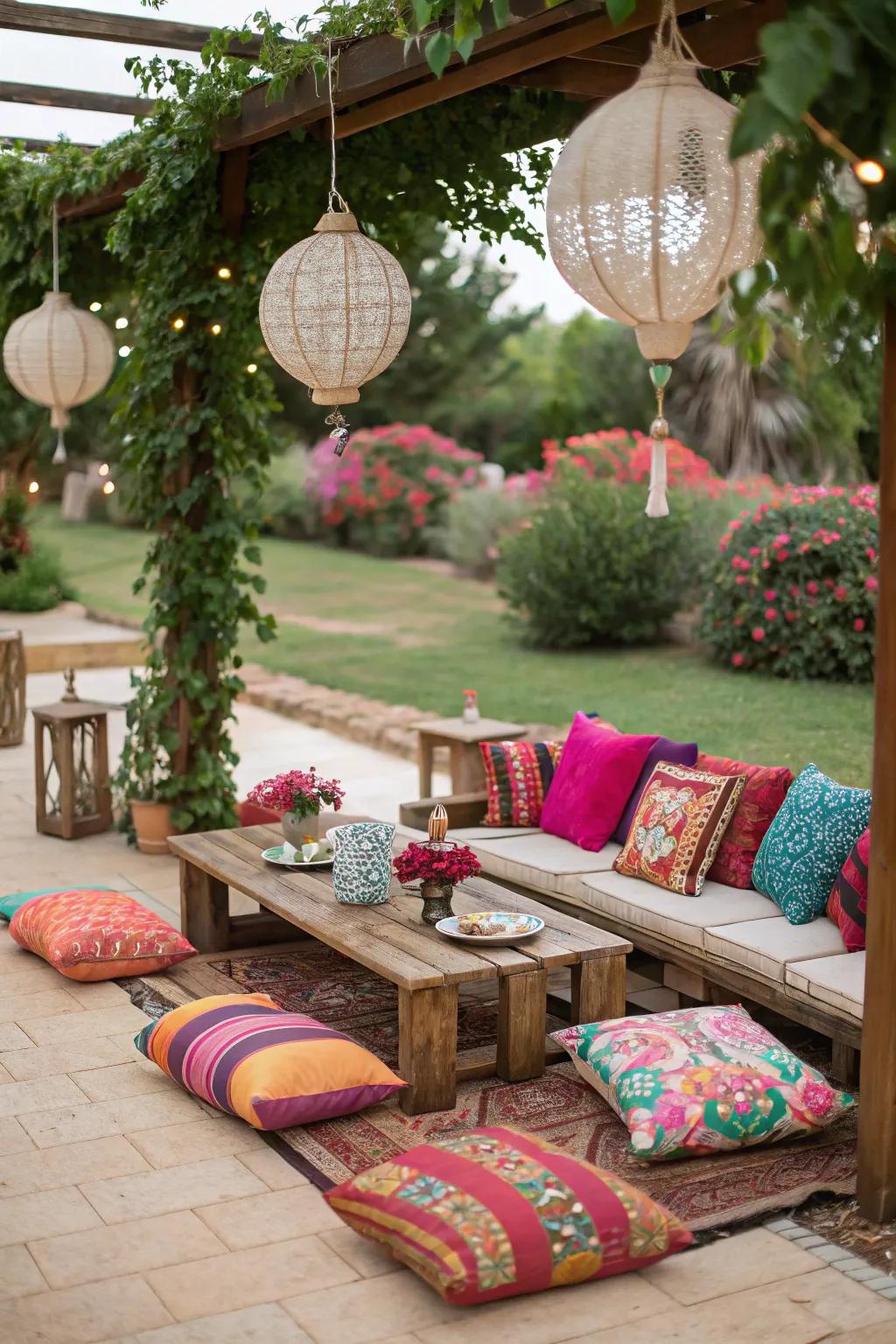 Colorful throw pillows create a relaxed and inviting seating area.