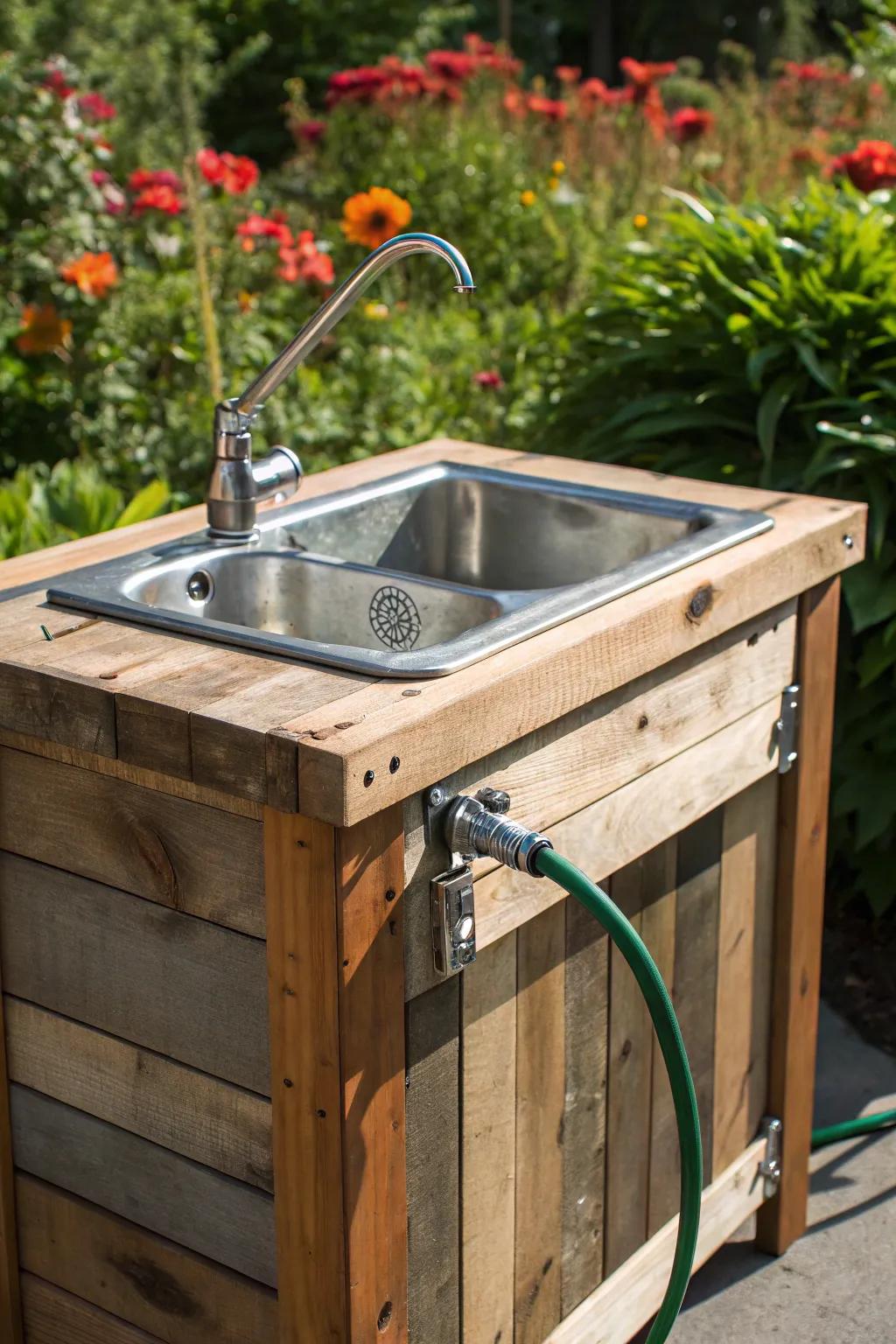 Elevate your outdoor workspace with a portable sink that combines craftsmanship and convenience.