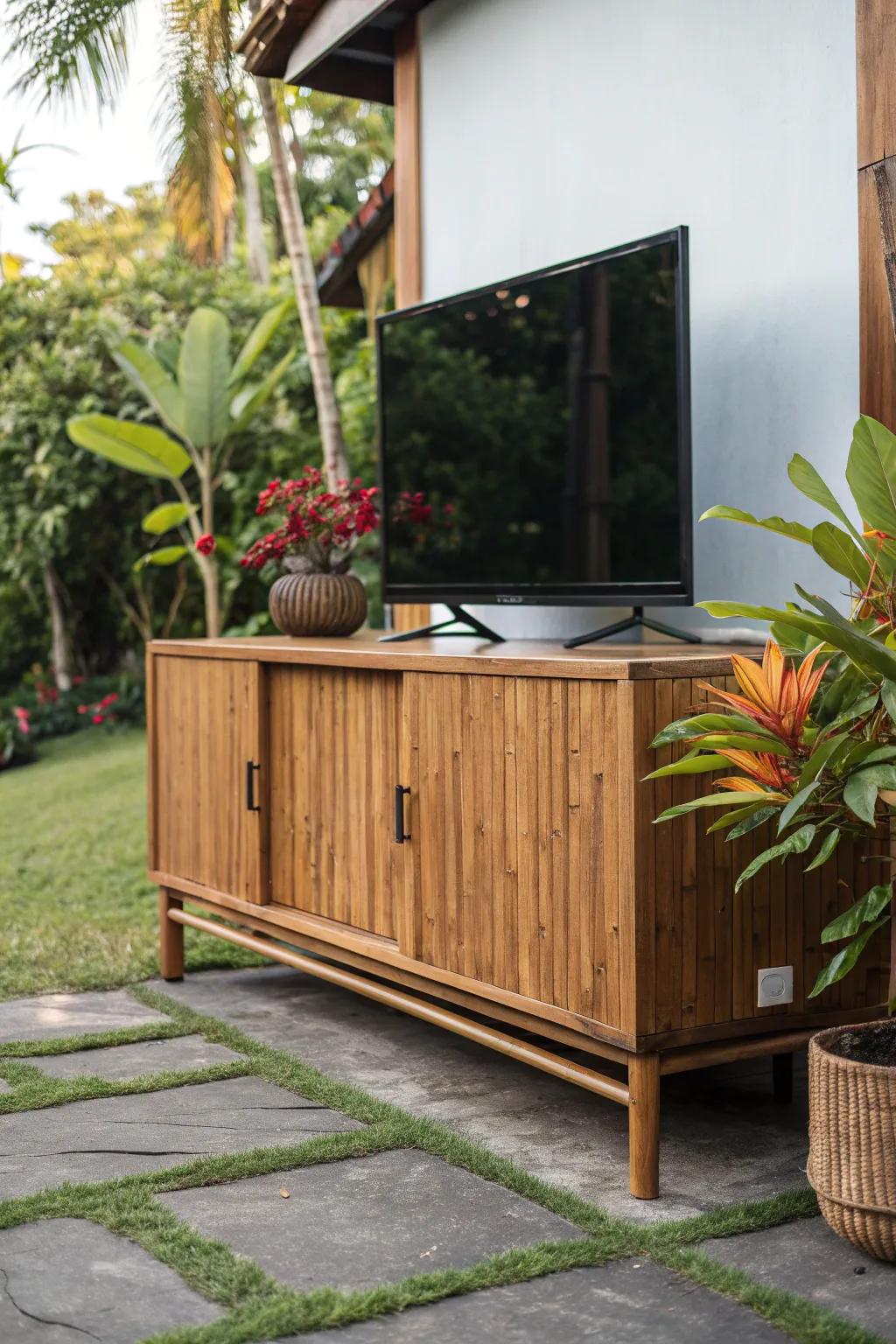 Blend style with sustainability: Discover the elegance of a bamboo TV cabinet for your garden oasis.