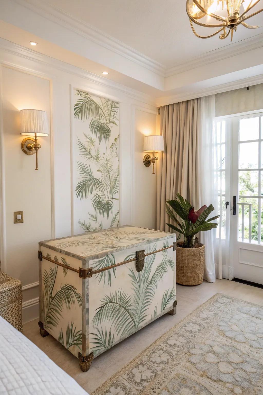 Tropical paradise vibes with palm leaf patterns.