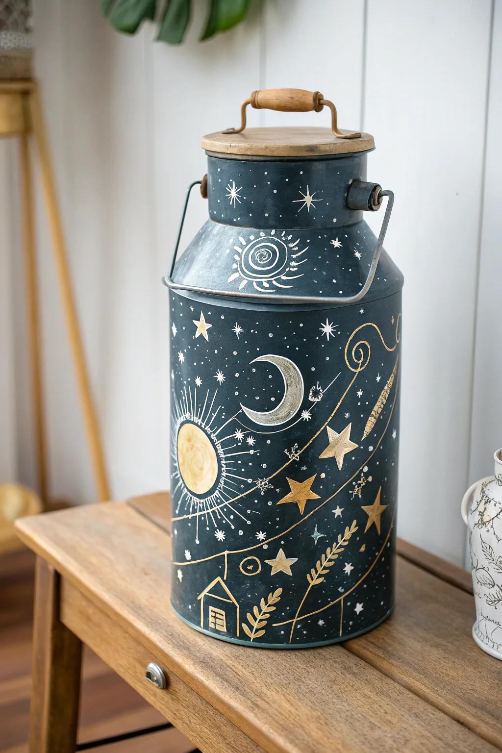Bring the magic of the cosmos into your home with this celestial-themed milk can decor.