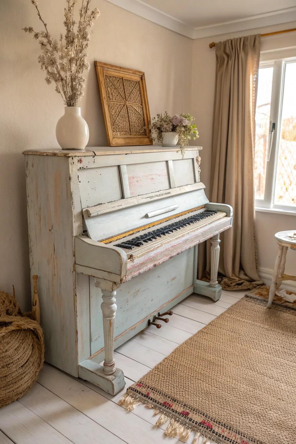 Transform your piano into a rustic farmhouse masterpiece with a weathered finish that whispers stories of elegance and charm.
