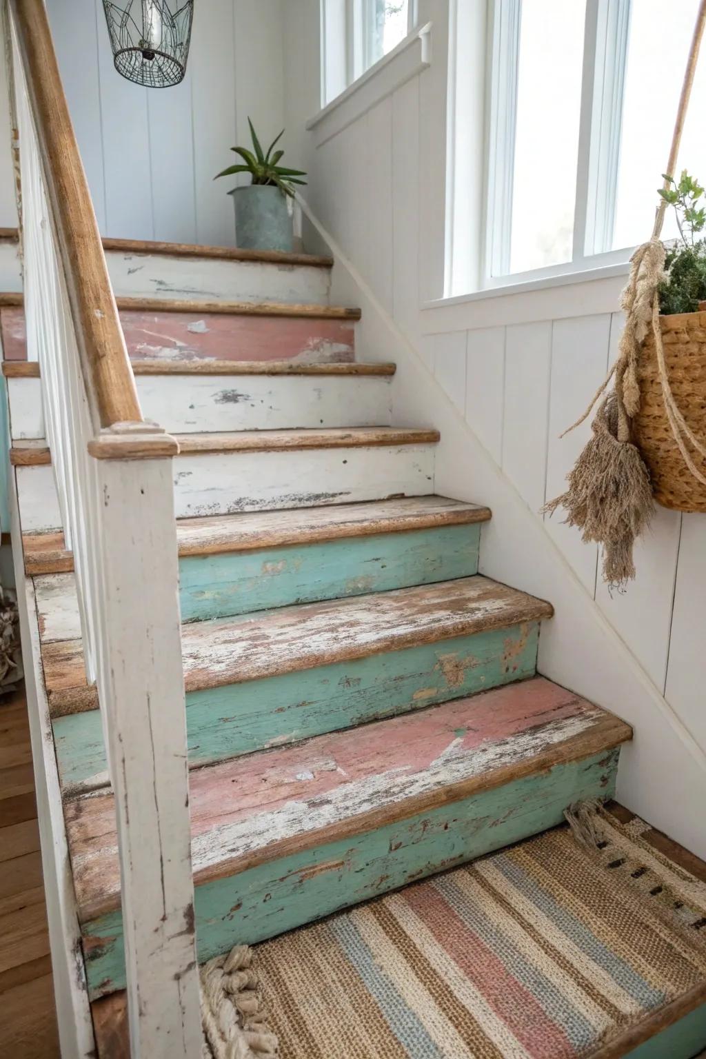 Step into nostalgia with vintage-inspired painted stairs that blend minimalist design with boho charm.
