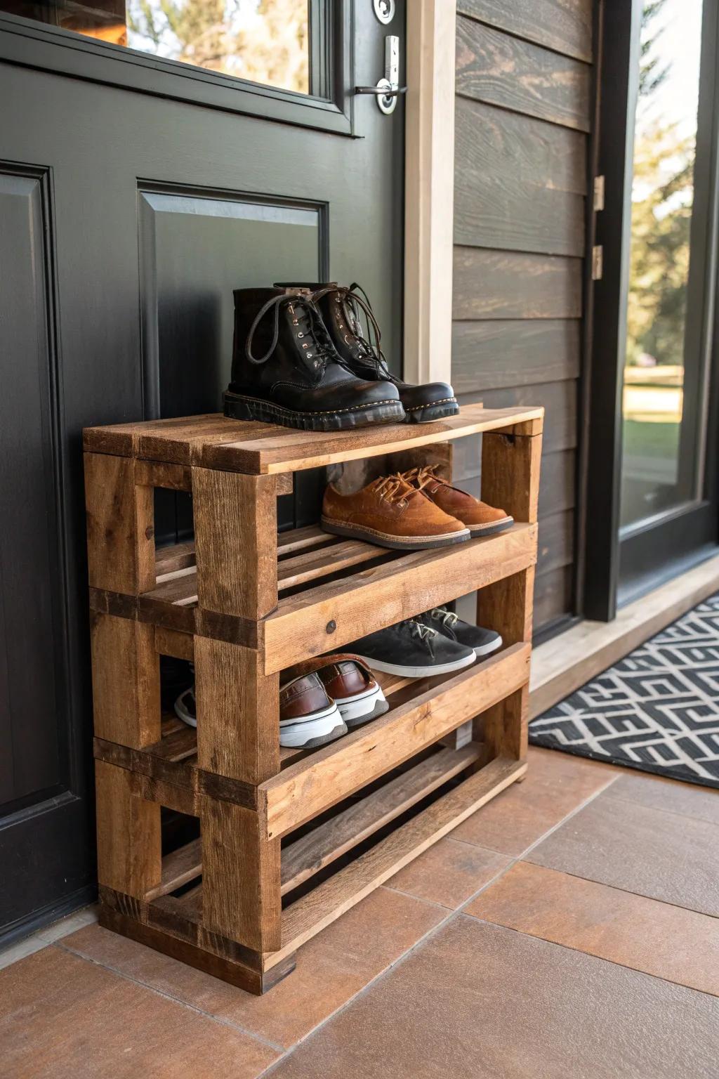 Elevate your entryway with a handcrafted pallet shoe rack – the perfect blend of style and organization.