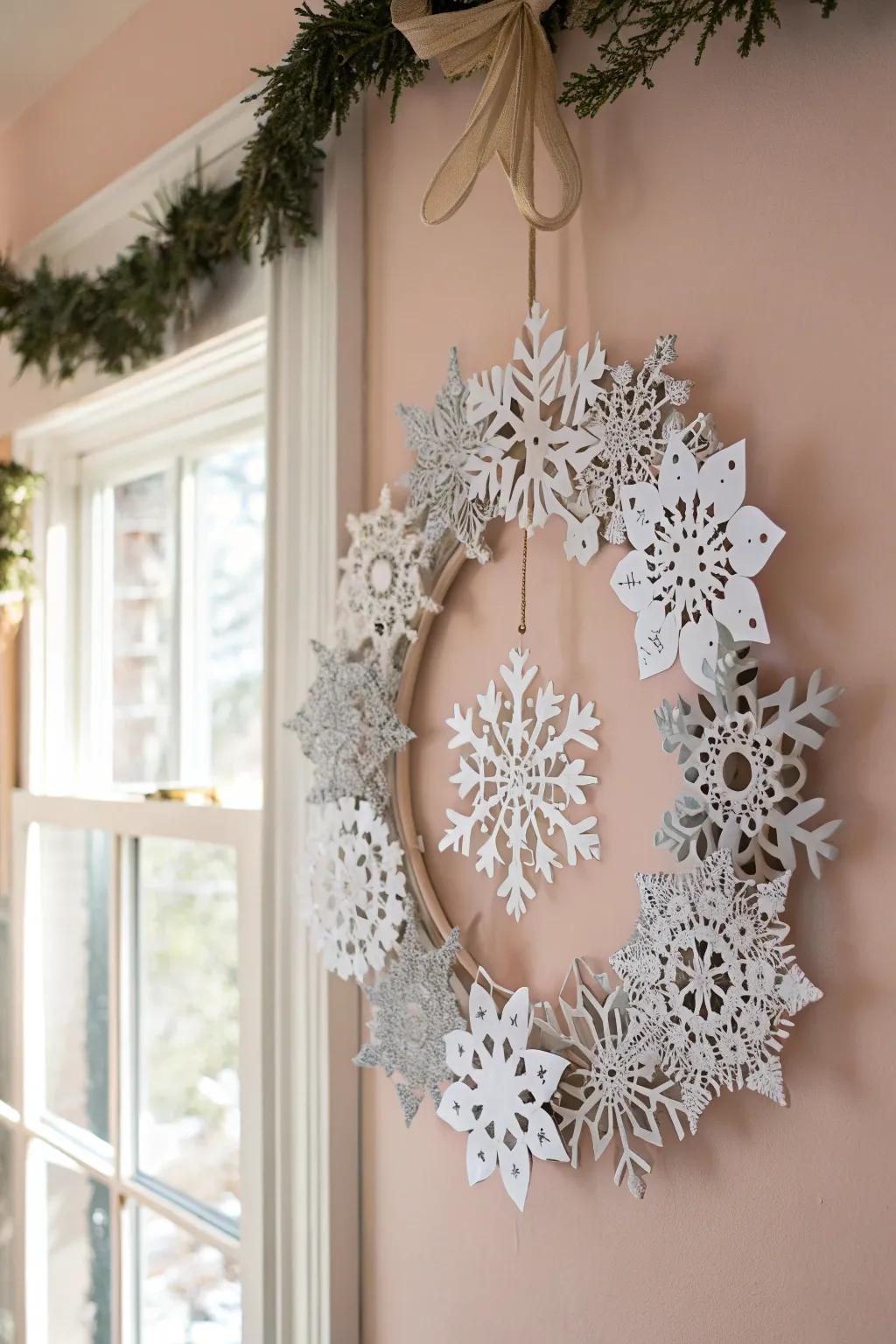 Welcome your guests with a touch of handmade elegance—discover the charm of a paper snowflake wreath.