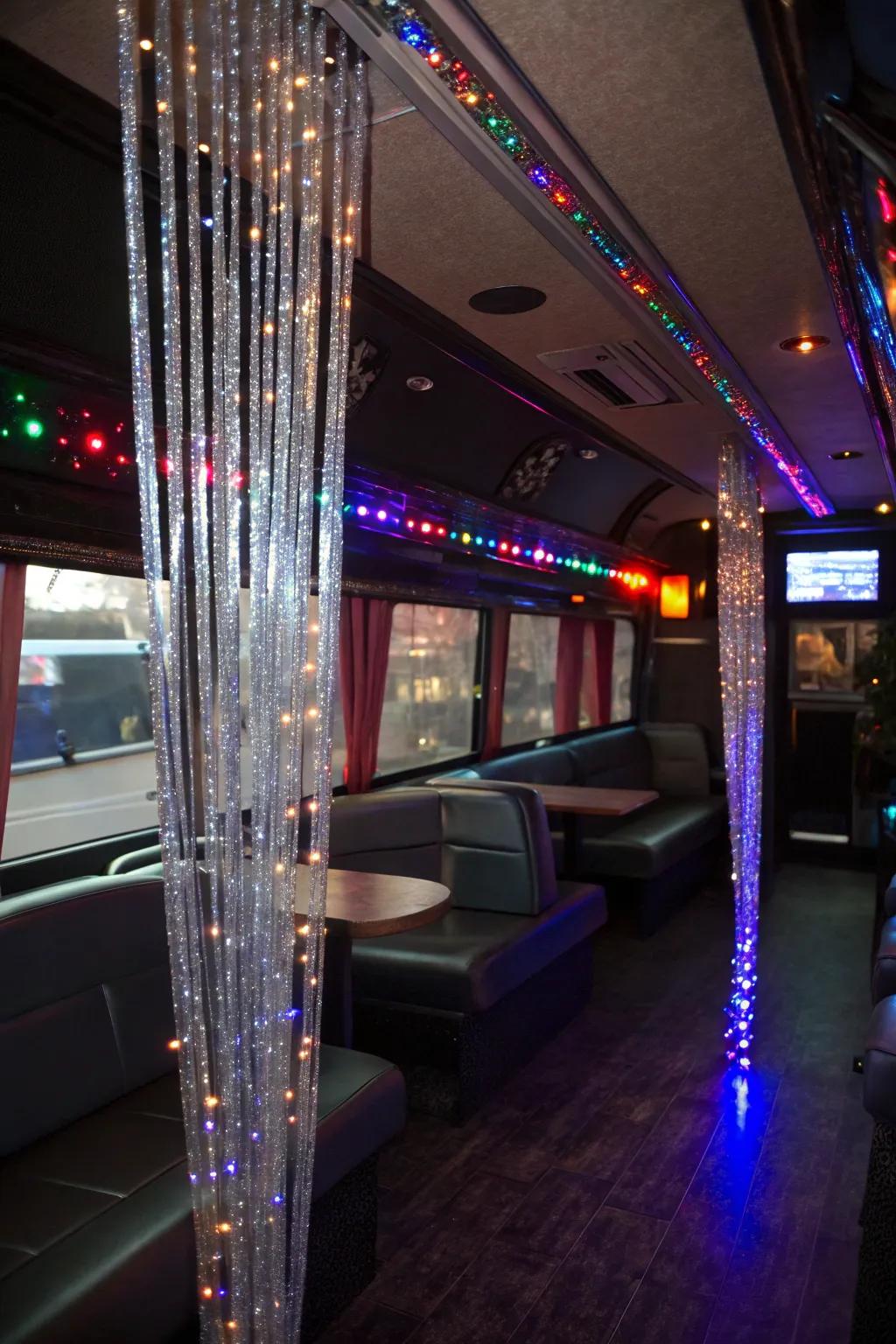 Tinsel curtains add glamour and sparkle to the party bus.