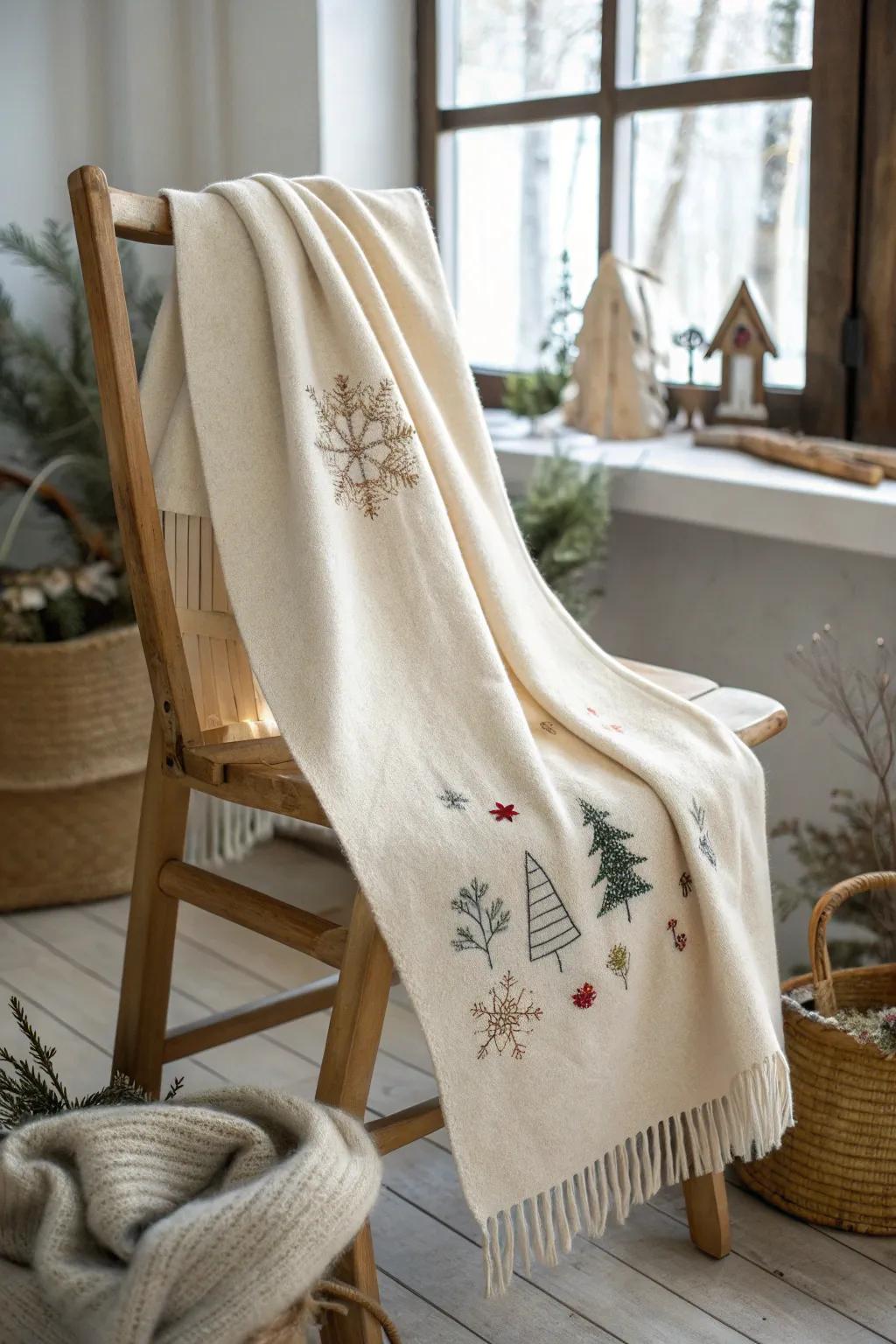 Elevate your winter style with handcrafted holiday-themed patches on cozy scarves.
