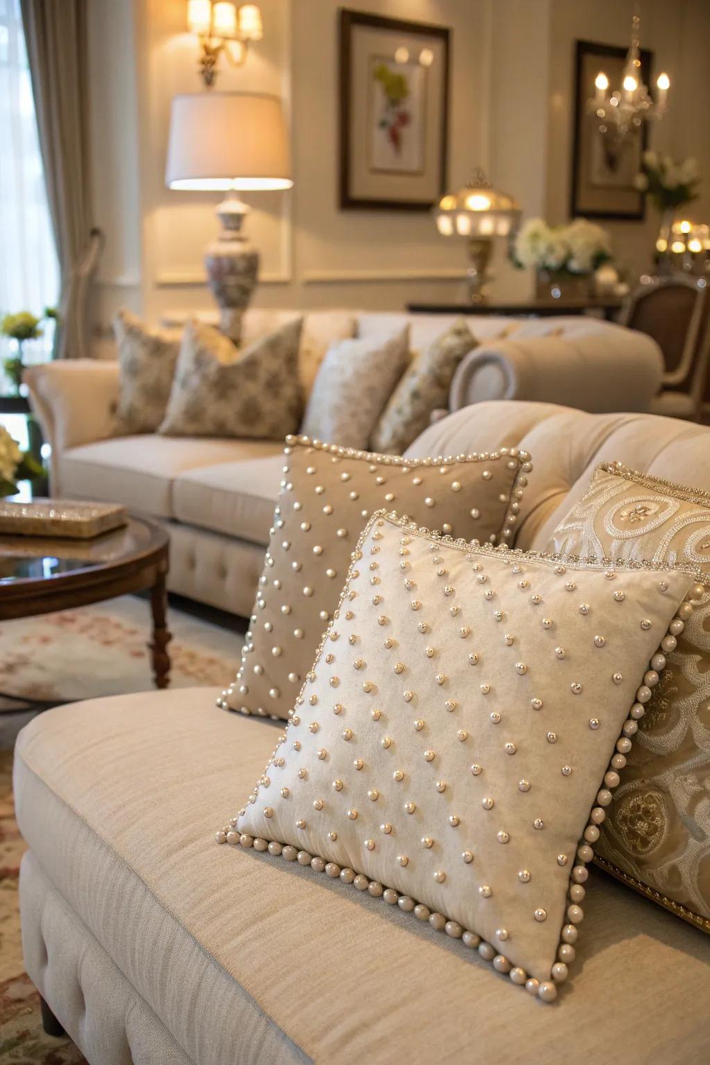 Make your seating area stand out with pearl-studded cushions.