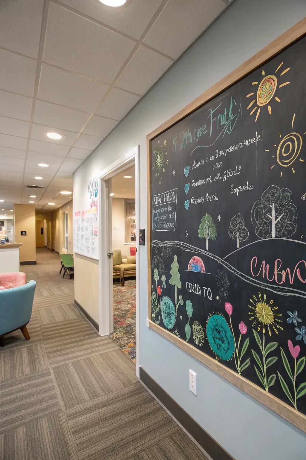 An interactive wall featuring a chalkboard for creative expression.