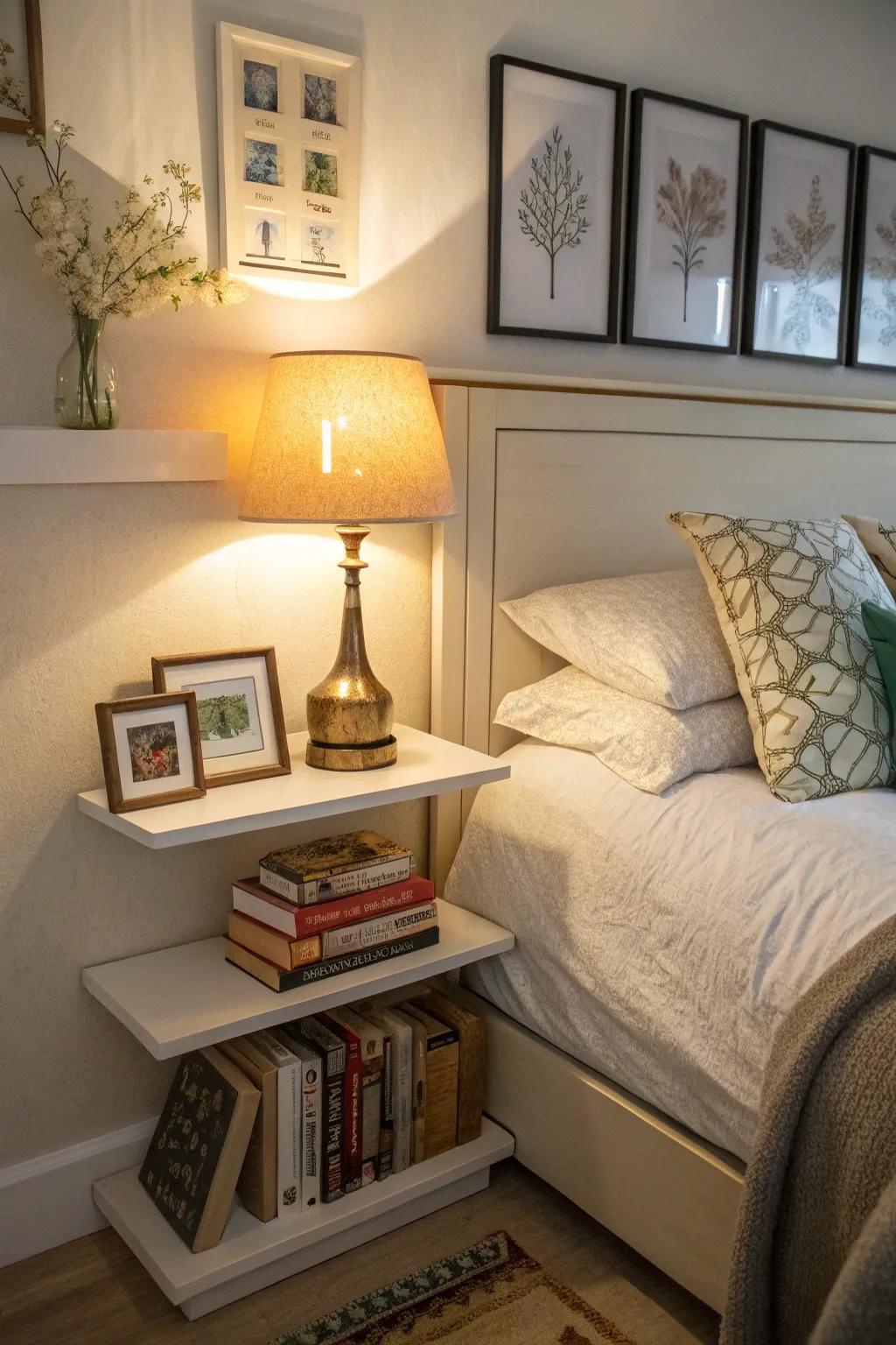 A picture ledge as a nightstand alternative saves space.