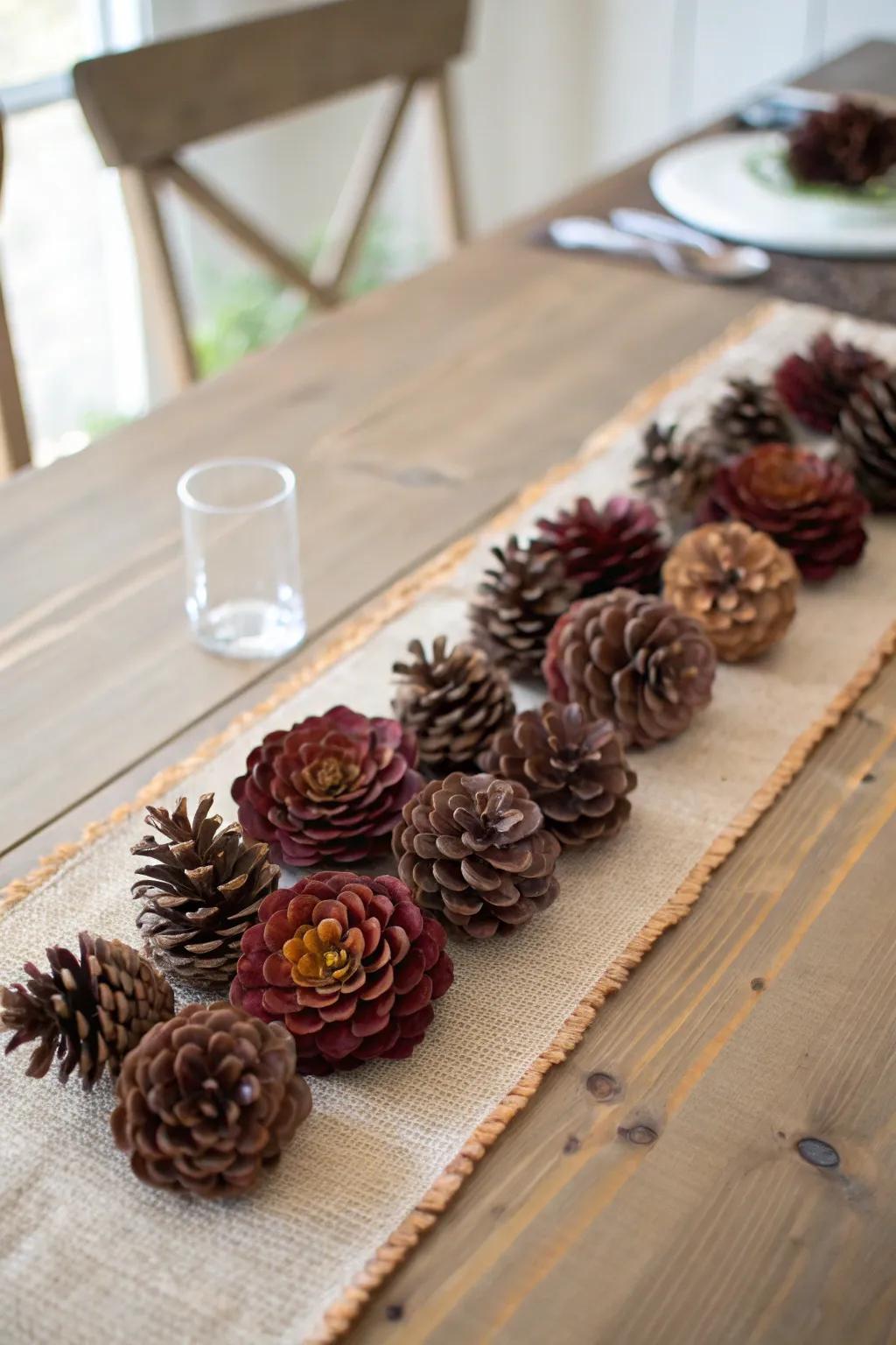 Elevate your table setting with a rustic yet elegant pinecone flower runner, perfect for a touch of natural beauty.