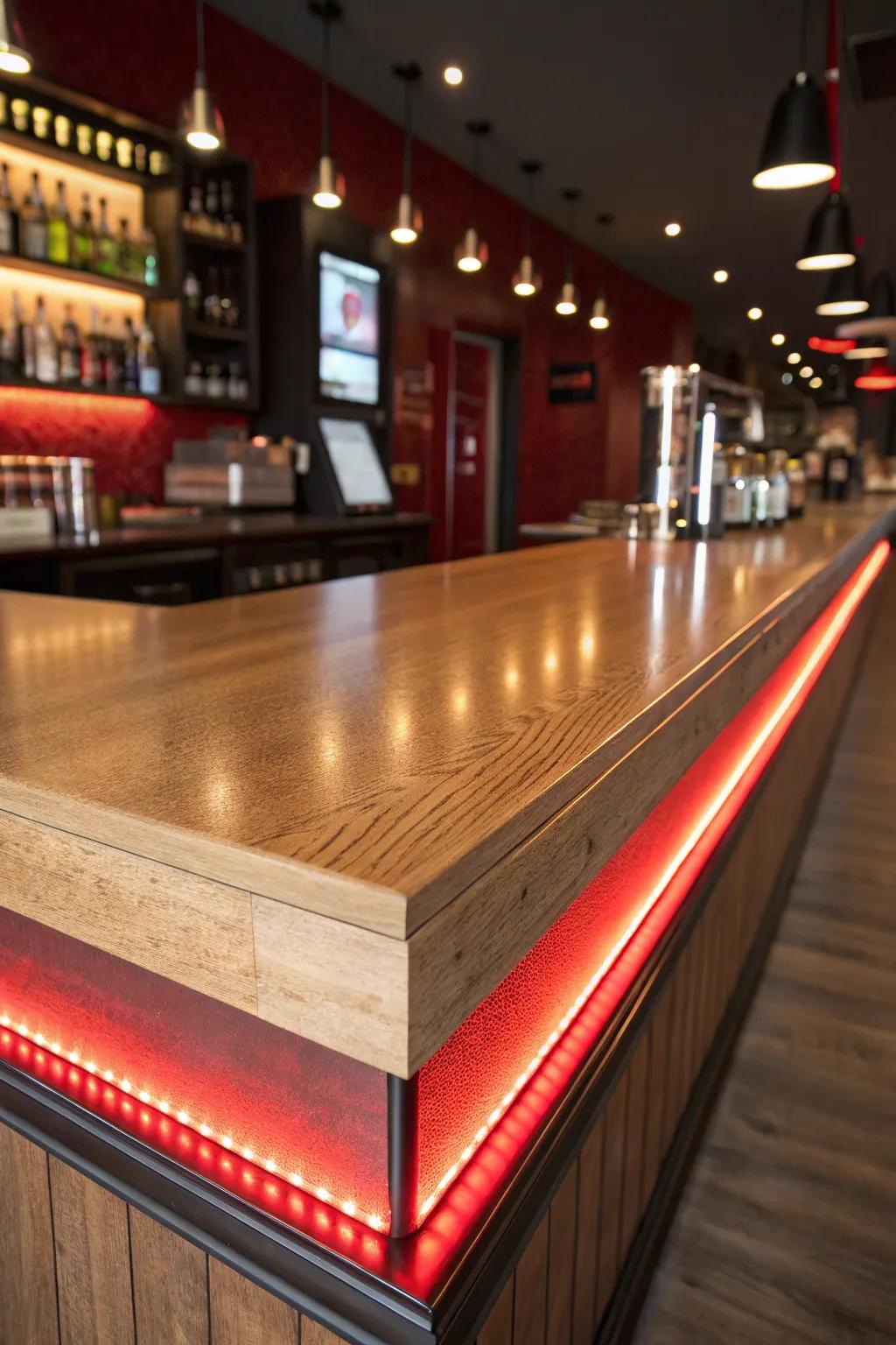 Illuminate your space with embedded LED elegance. Elevate your bar top's craftsmanship with a warm, ambient glow.