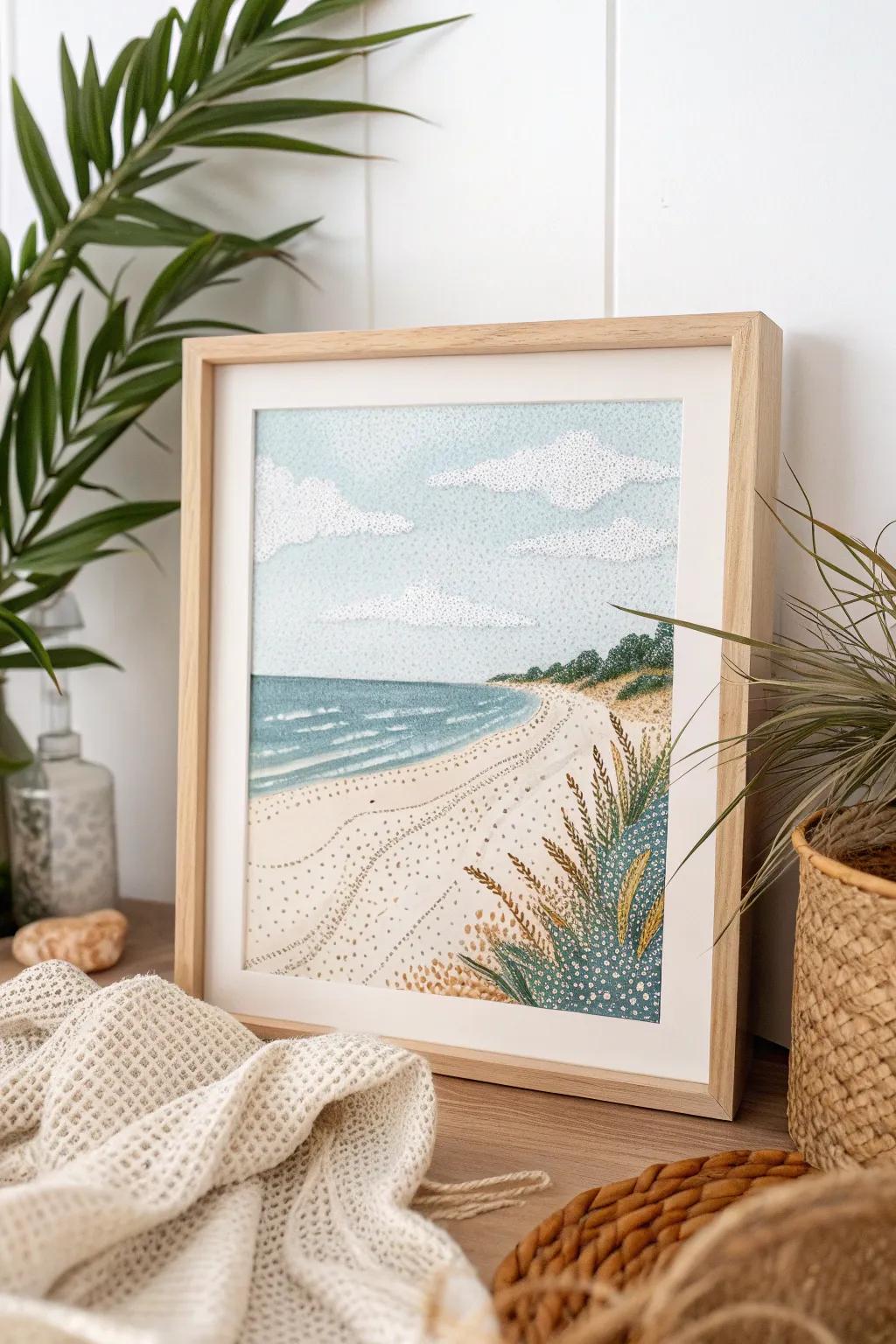 Capture the essence of summer with this stunning pointillism beach scene, perfect for bringing a touch of coastal tranquility to your space.