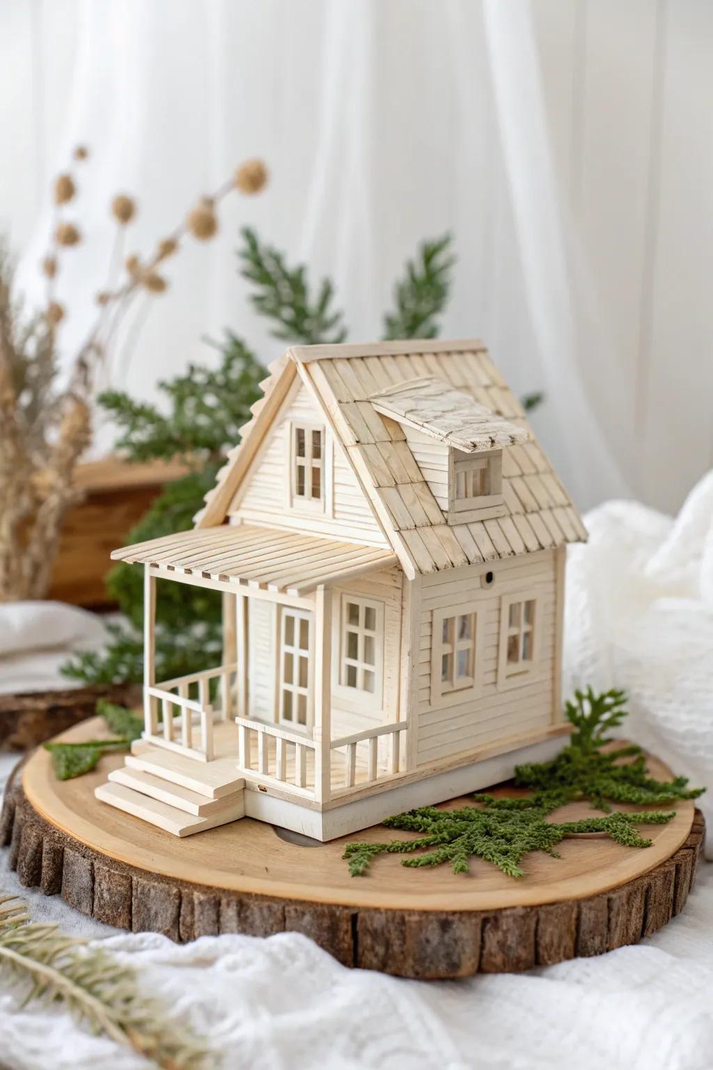 Eco-friendly elegance: Discover the art of simplicity with this stunning popsicle stick tiny home design.